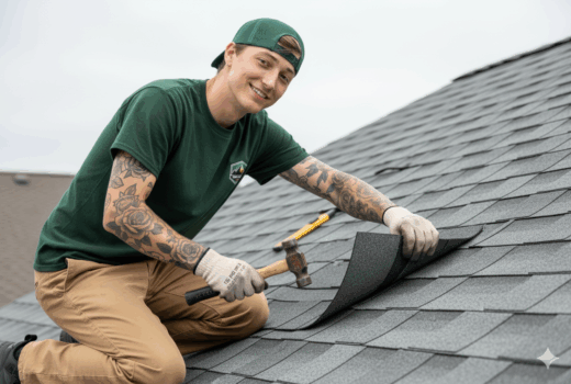 A roofer installing architectural shingles on a residential roof in Cuyahoga County.