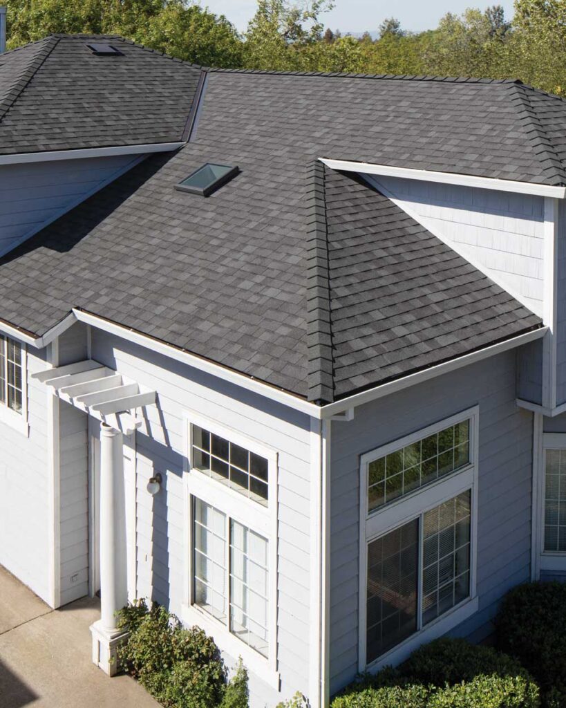 Asphalt shingle roof featuring a skylight window.