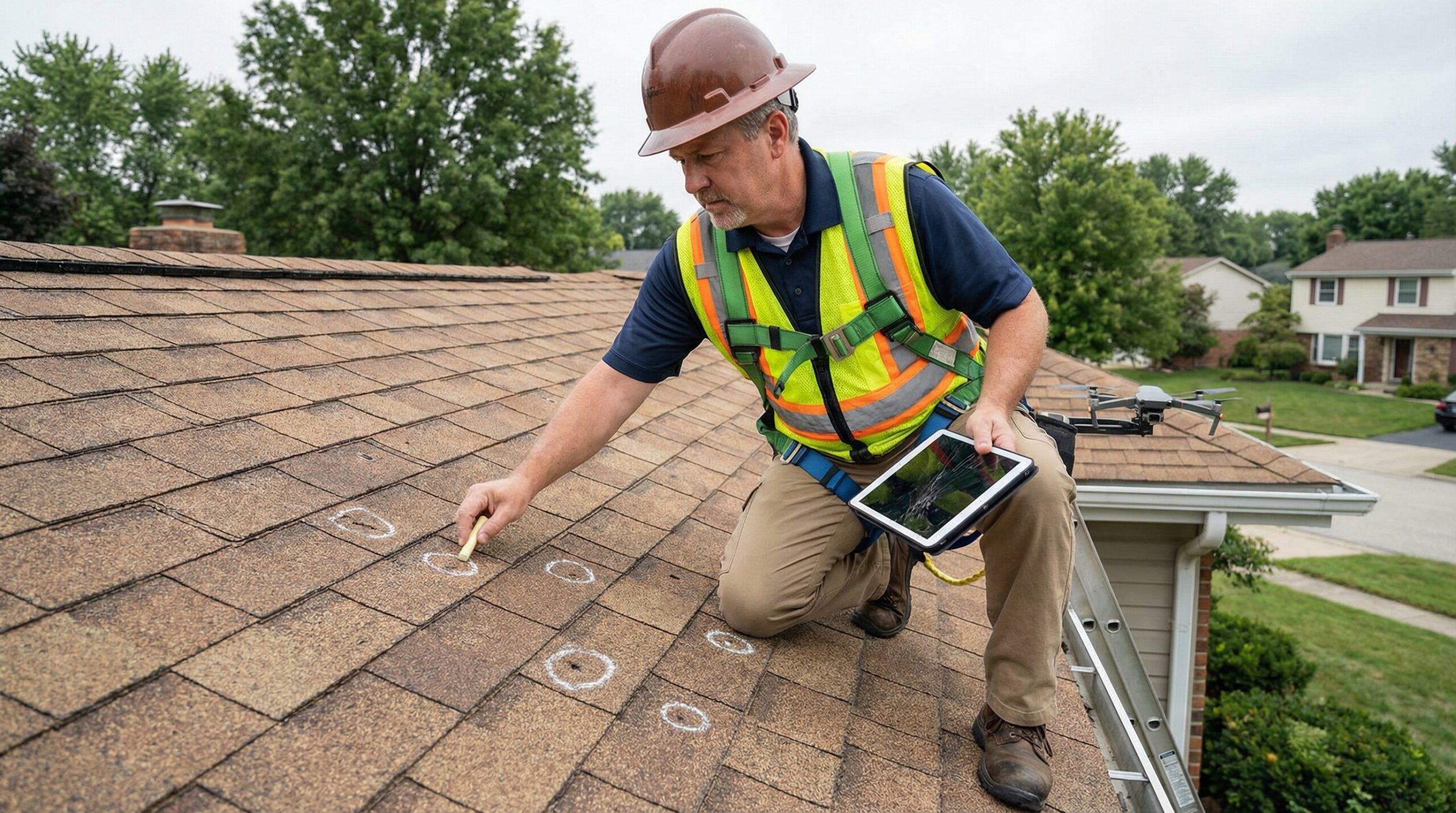 Insurance adjuster inspecting hail damage on shingles