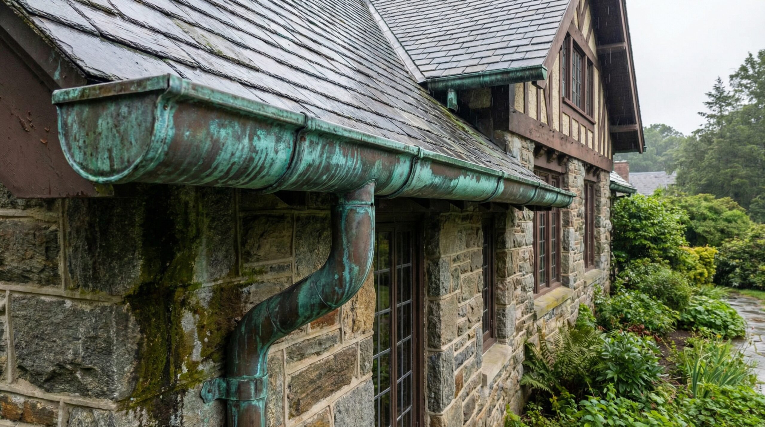 Aged copper gutters showing green patina on historic home