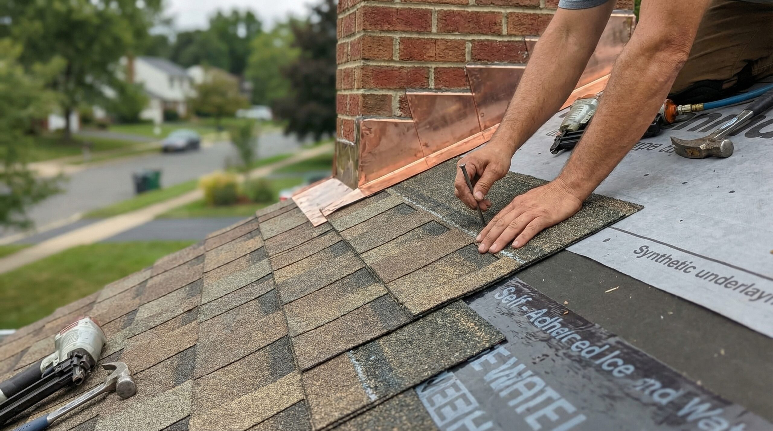 Close-up view of architectural shingles being installed on a Rocky River home with proper underlayment and flashing