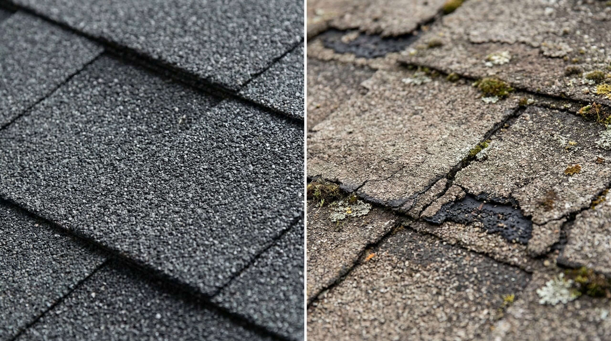 close-up comparison showing new vs aged asphalt shingles with visible wear patterns