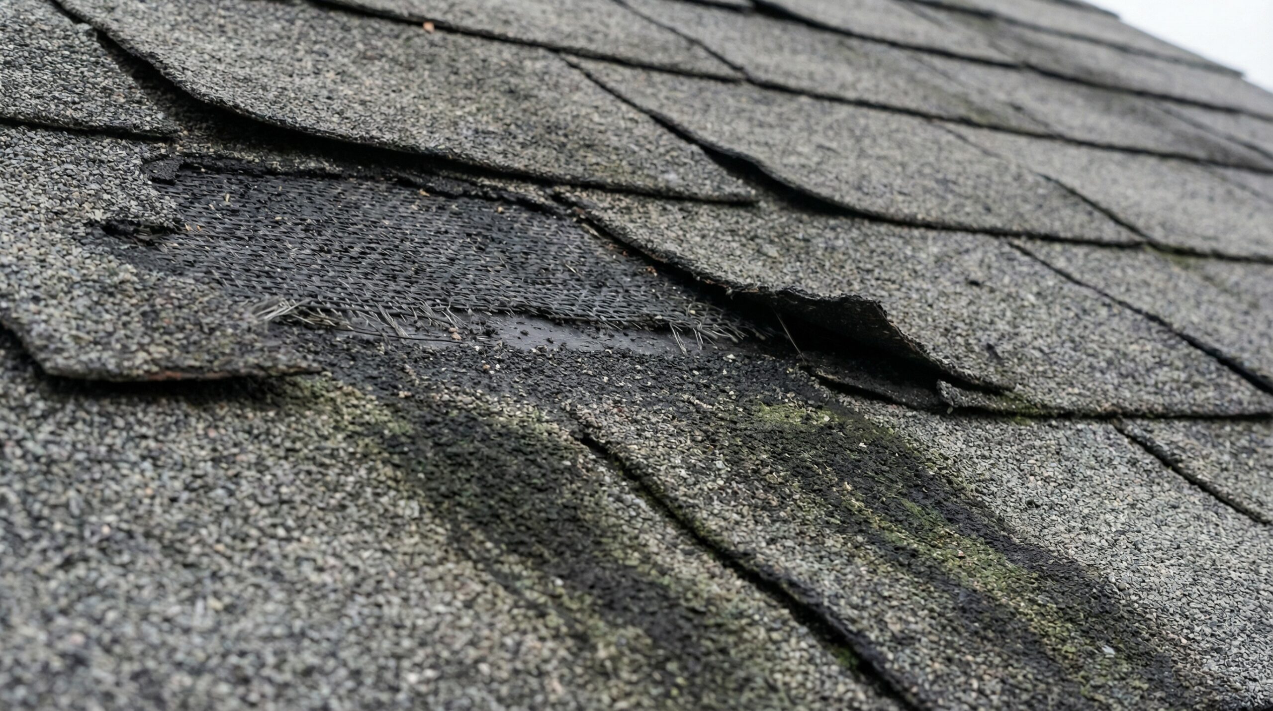 close-up of asphalt shingles showing granule loss, curling edges, and algae streaks