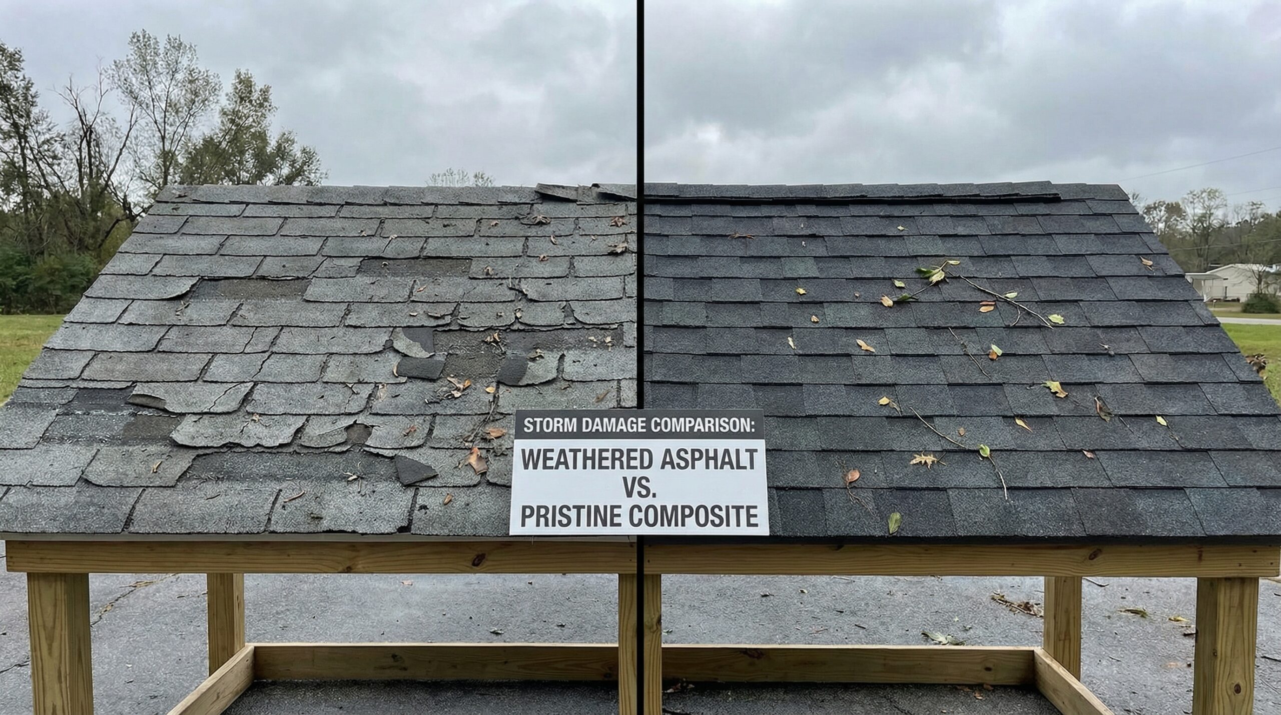 Side-by-side comparison of weathered asphalt vs pristine composite shingles after storm damage