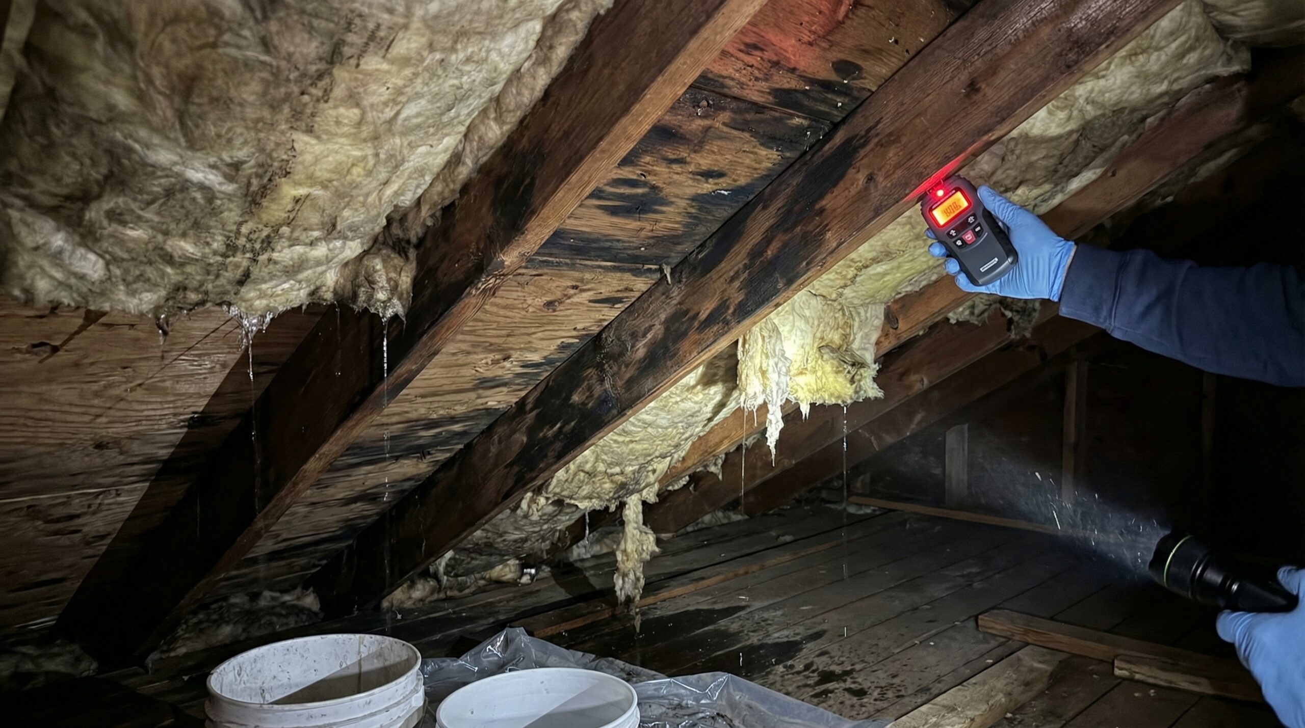 Attic inspection showing wet insulation and water damage