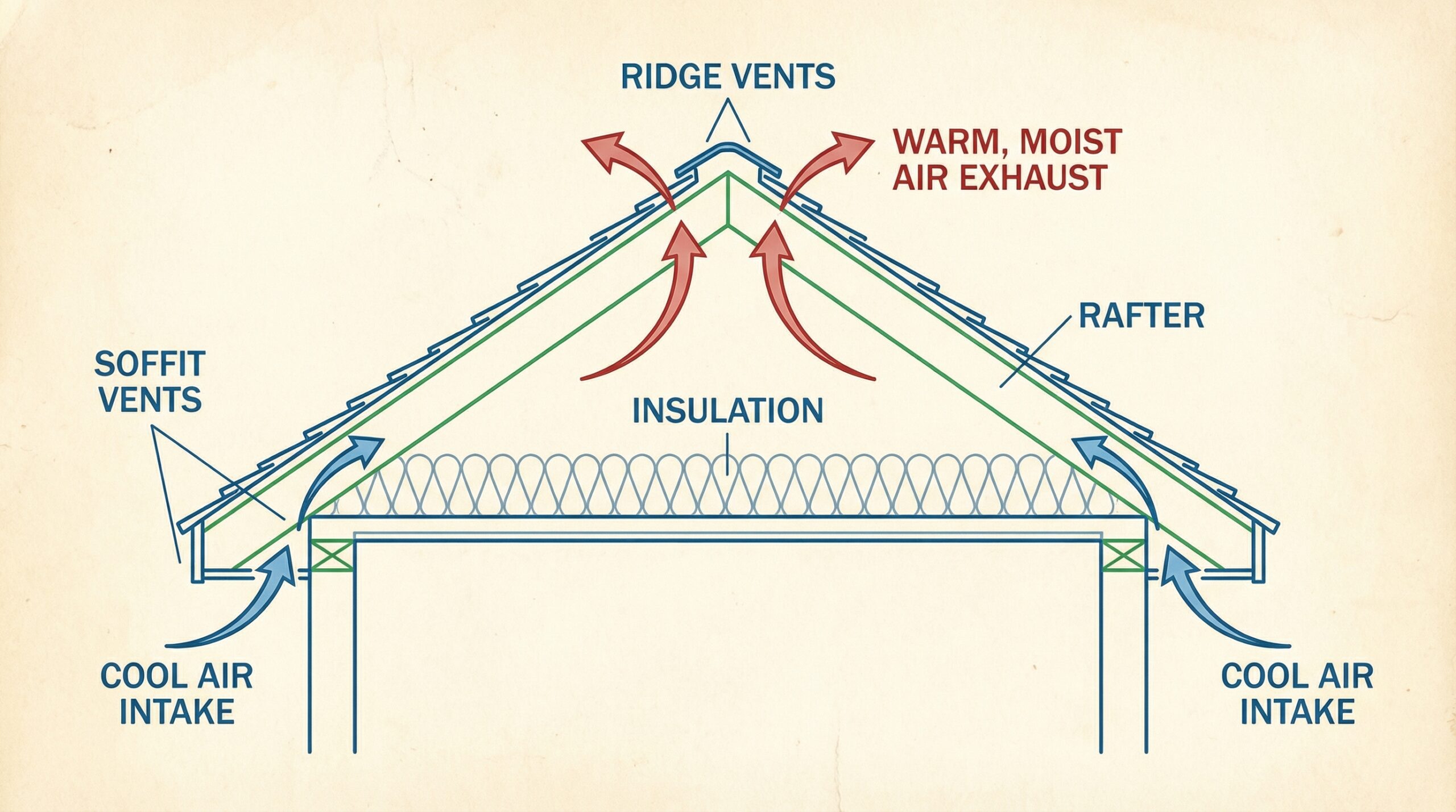 Attic ventilation system diagram showing ridge vents and soffit vents with airflow