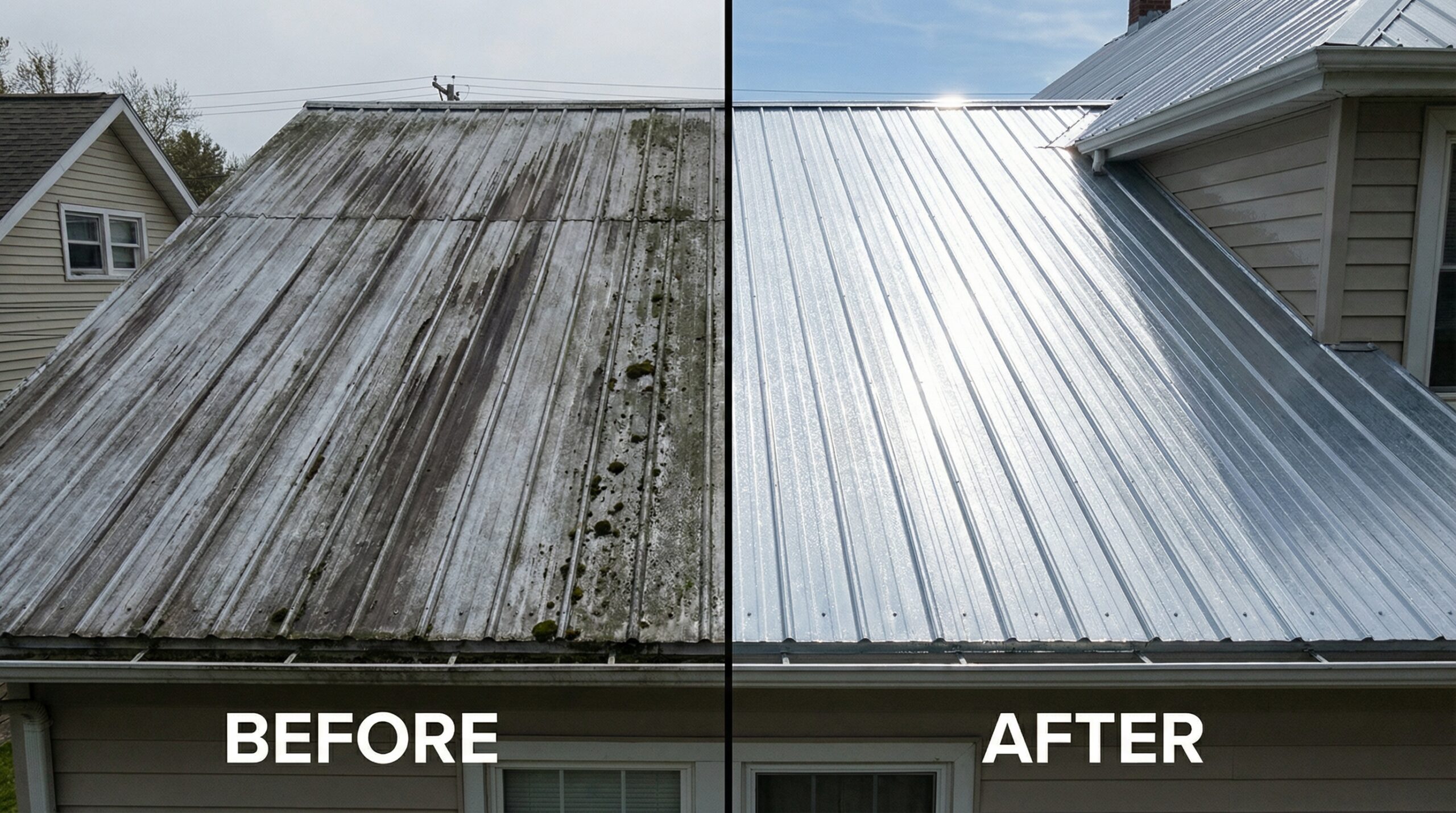 Before and after comparison of cleaned metal roof sections