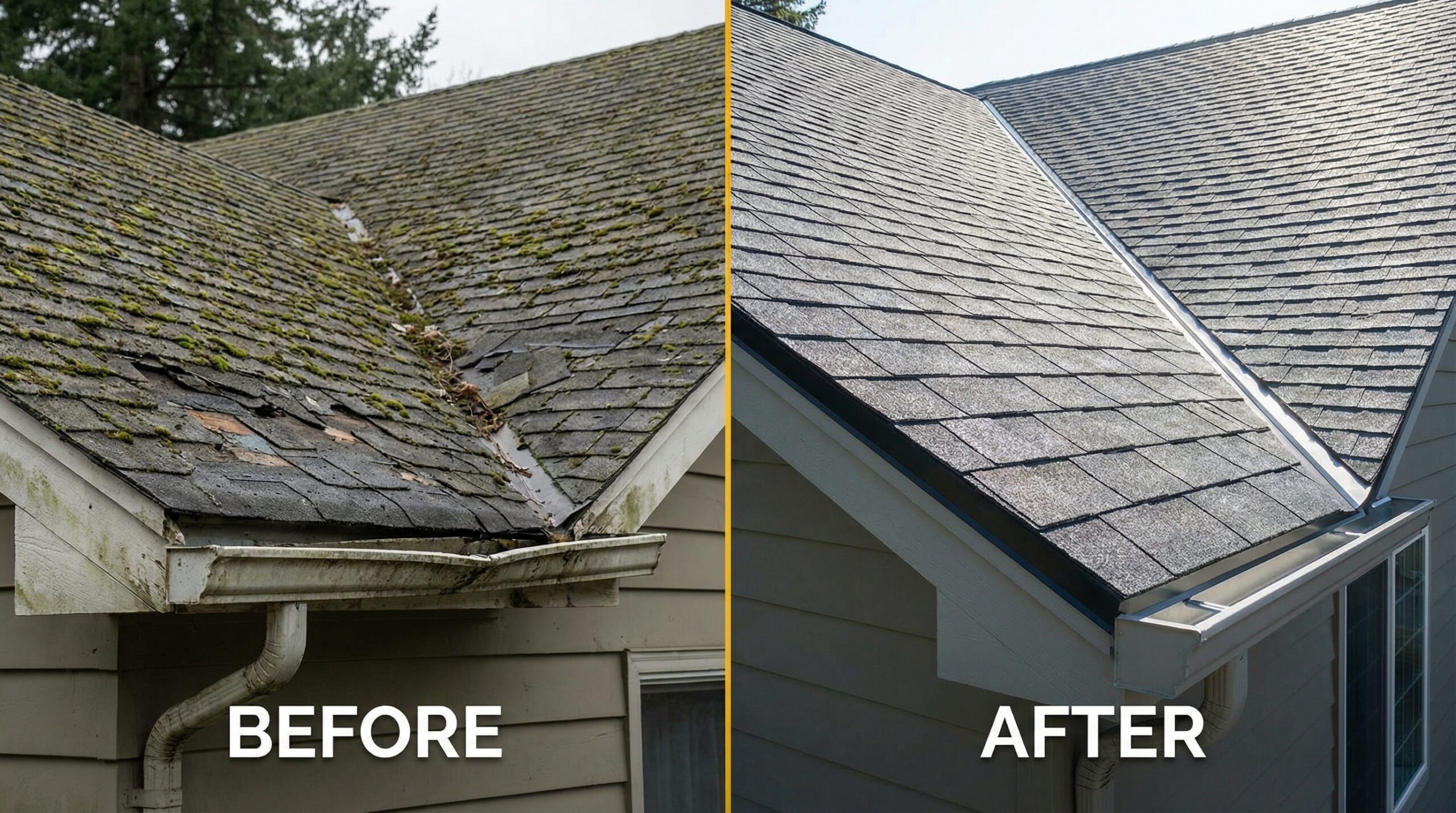 Before and after comparison of Rocky River home roof repair showing improved condition
