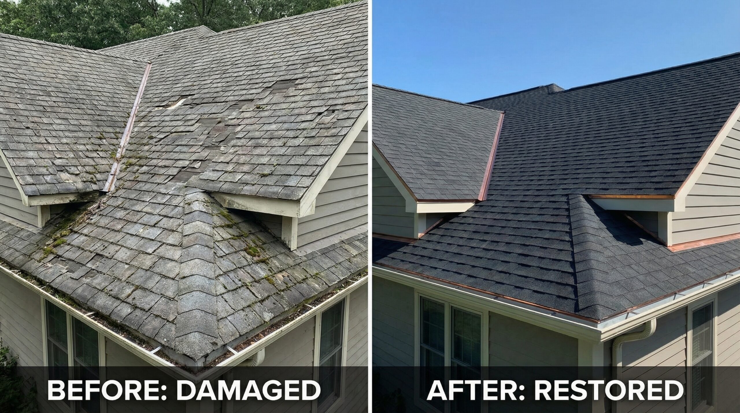Before and after comparison of roof repair showing damaged versus repaired roof