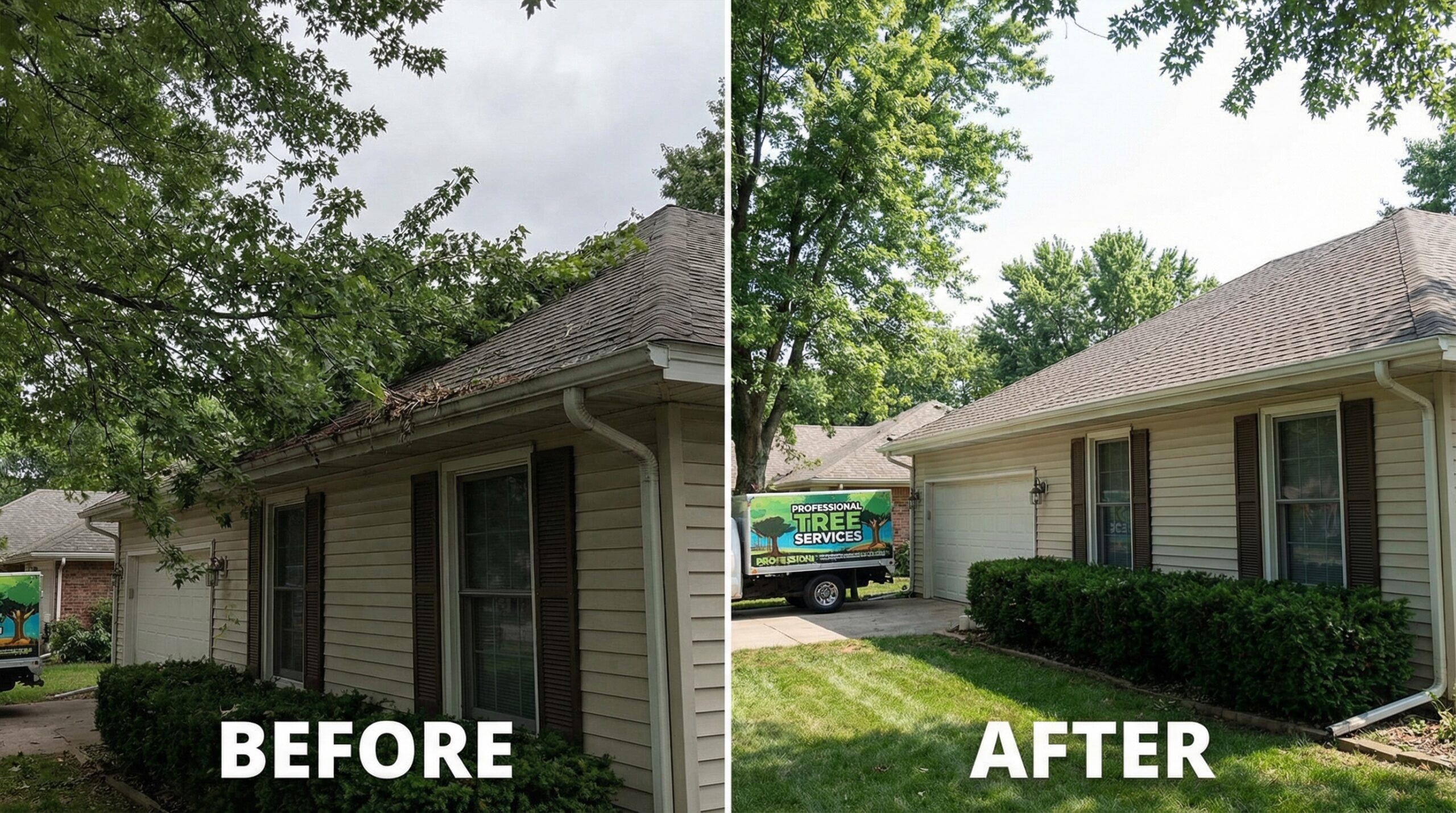 Before and after comparison showing a clean roofline after professional tree trimming