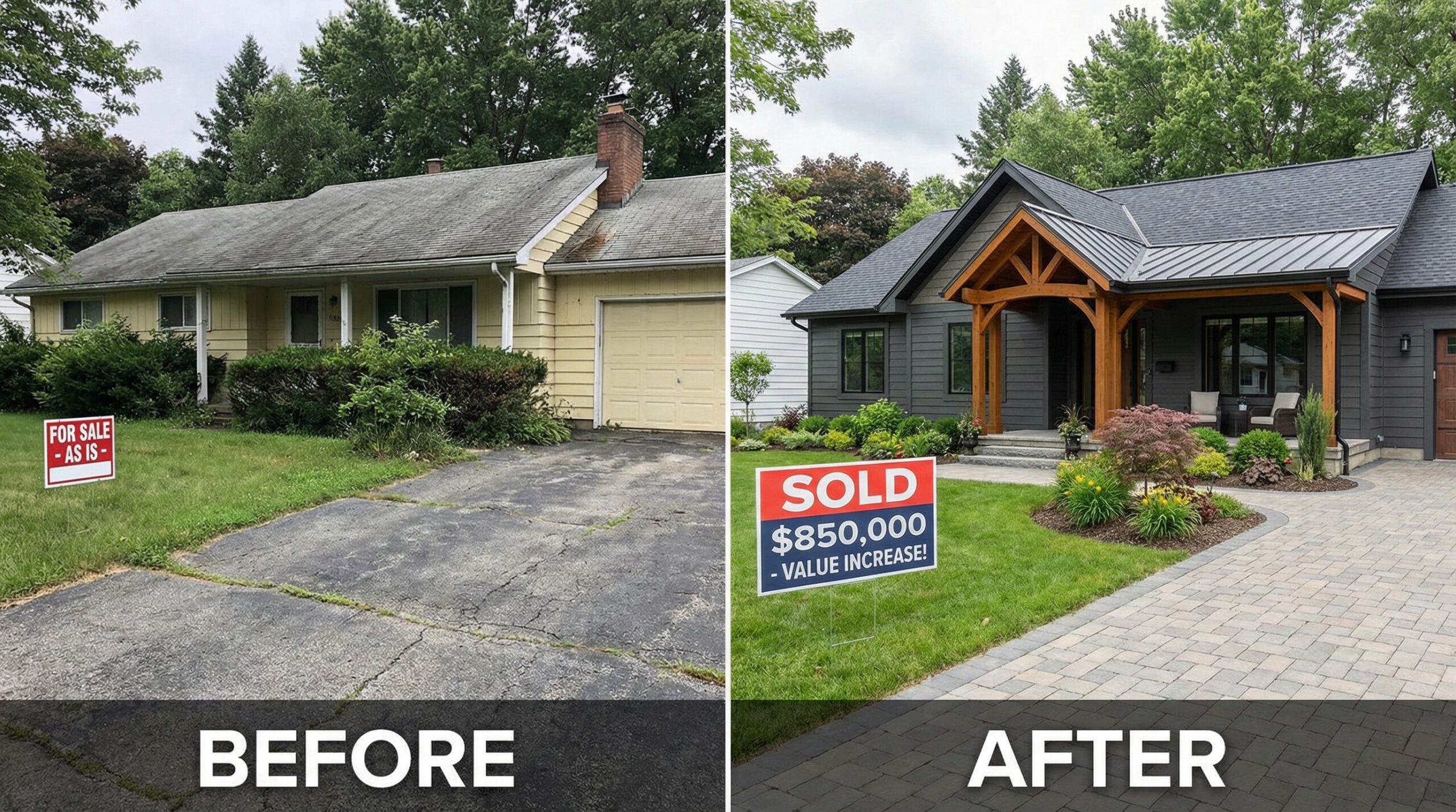 Before and after home exterior transformation showing value improvement