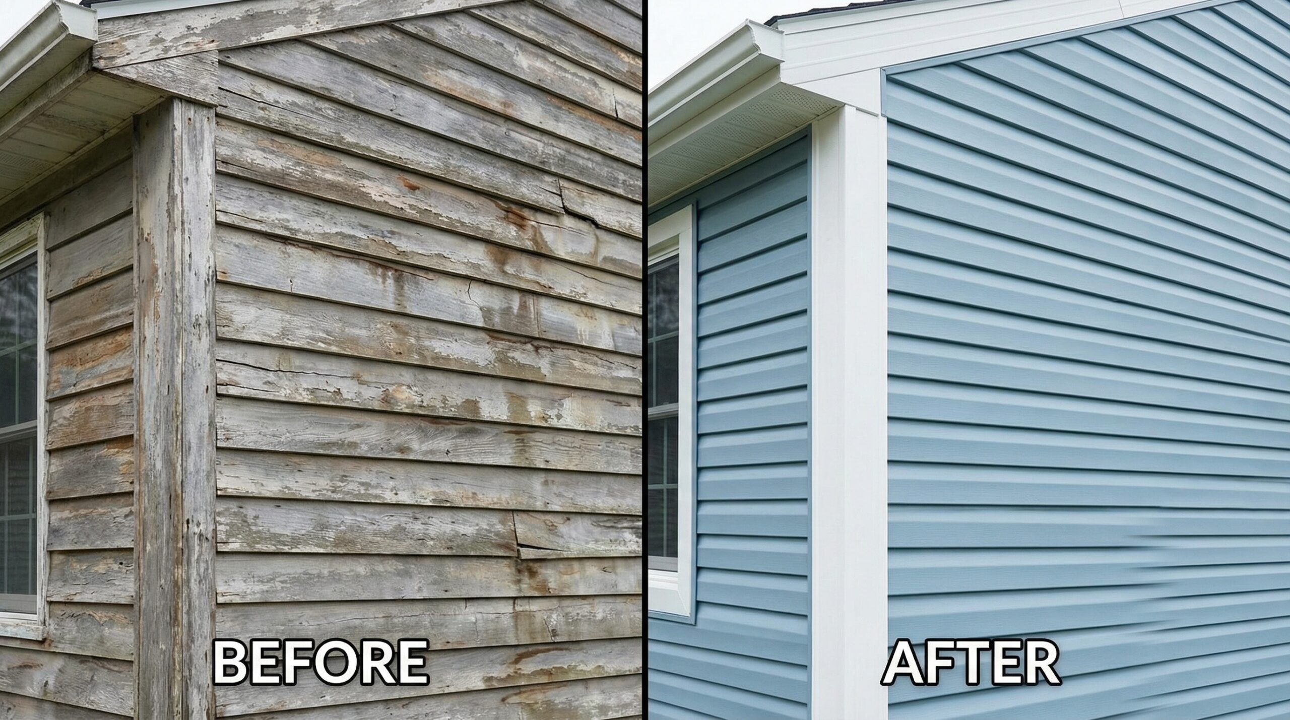 Before and after comparison showing worn siding versus fresh new installation