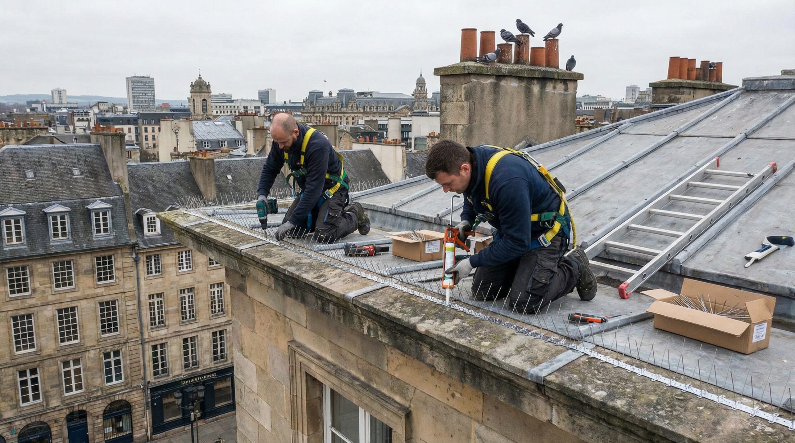 Step-by-step installation process showing bird spikes being attached to roof ledge
