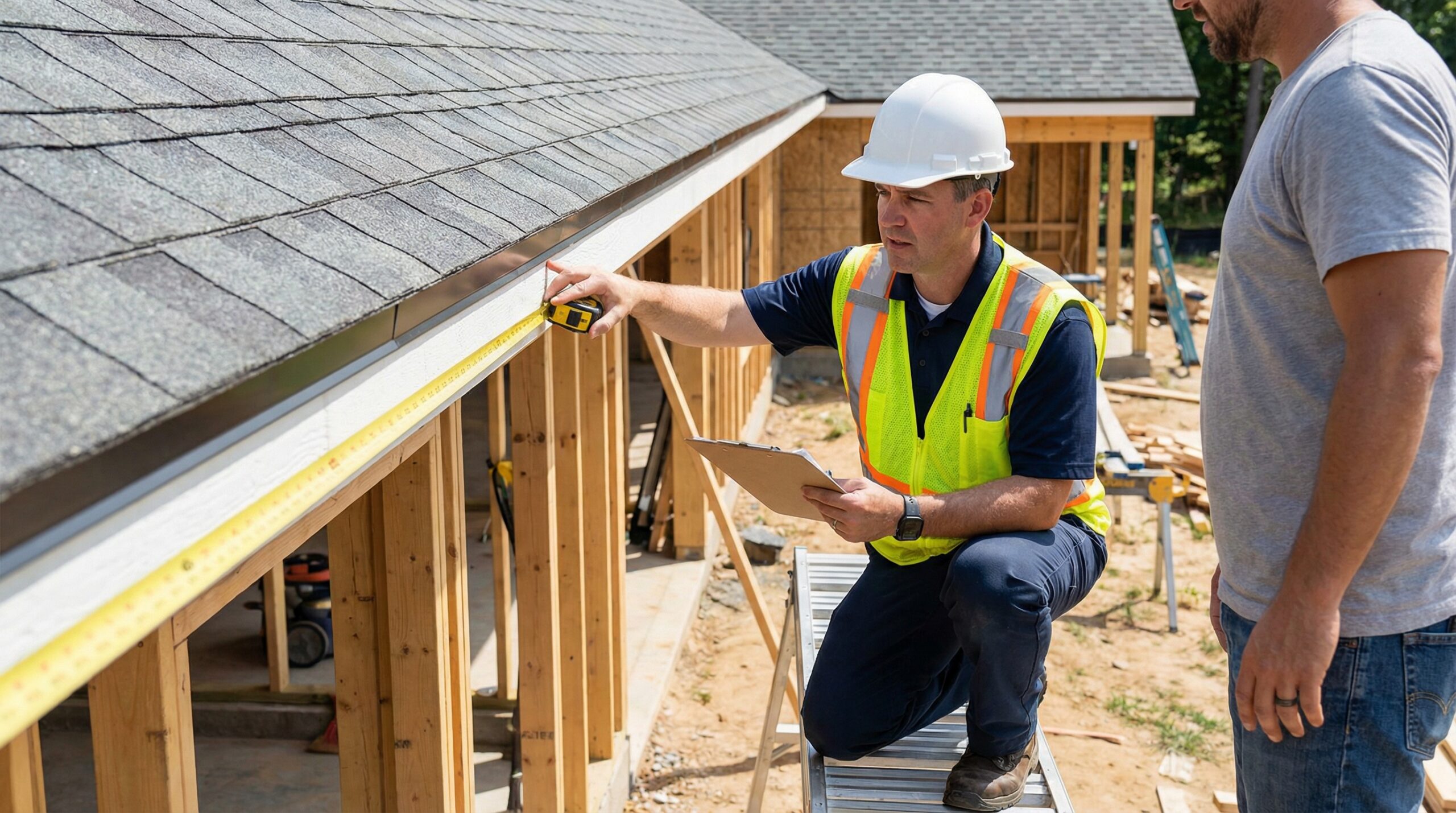 Building inspector checking drip edge installation compliance