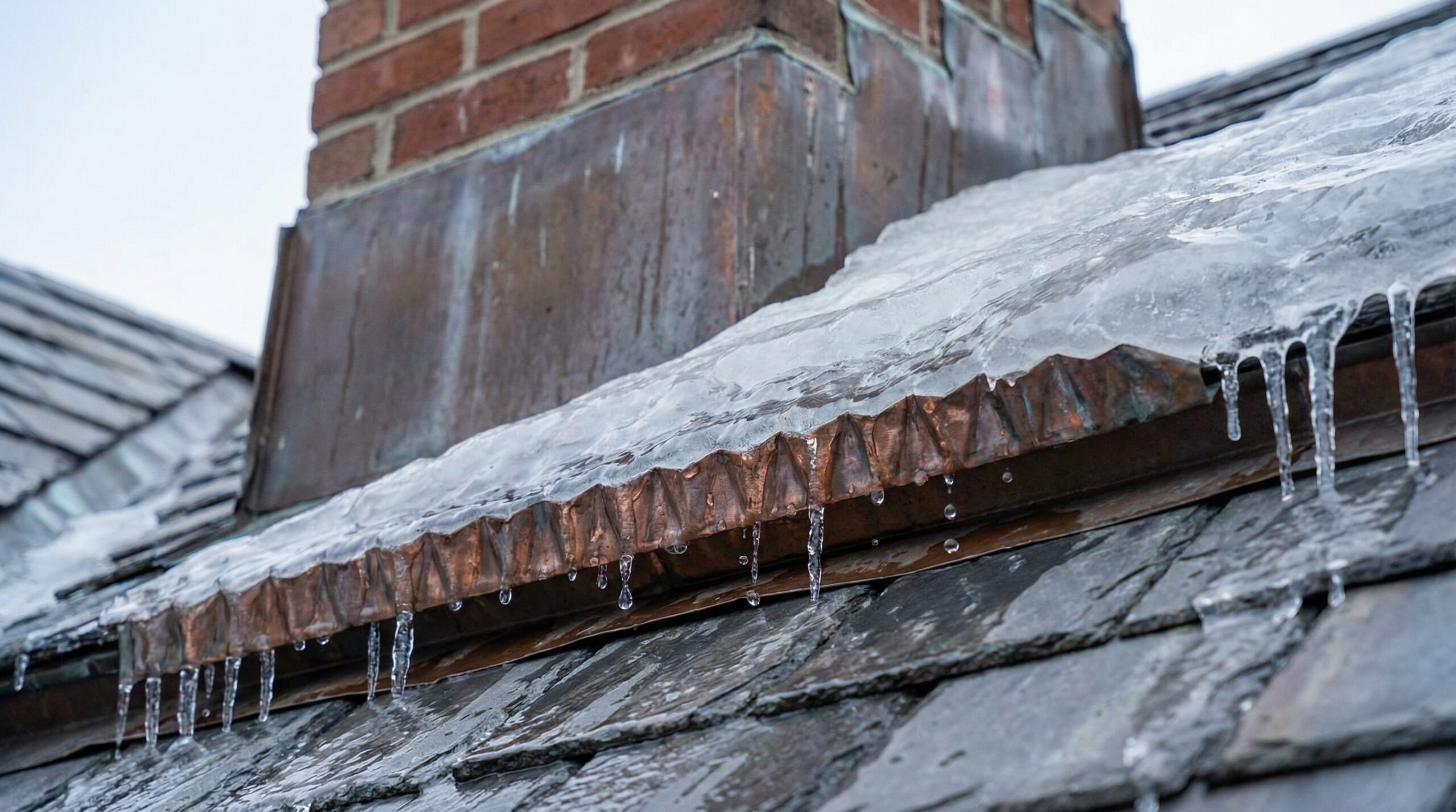 Close-up of chimney flashing with ice formation melting