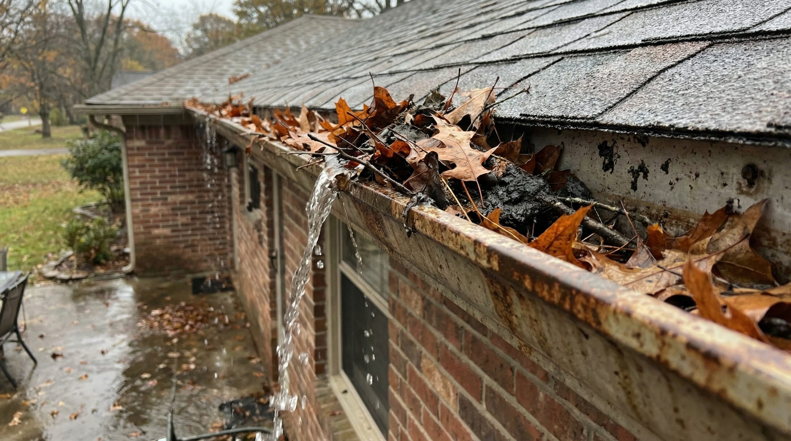 Clogged gutters with leaves and debris causing water overflow