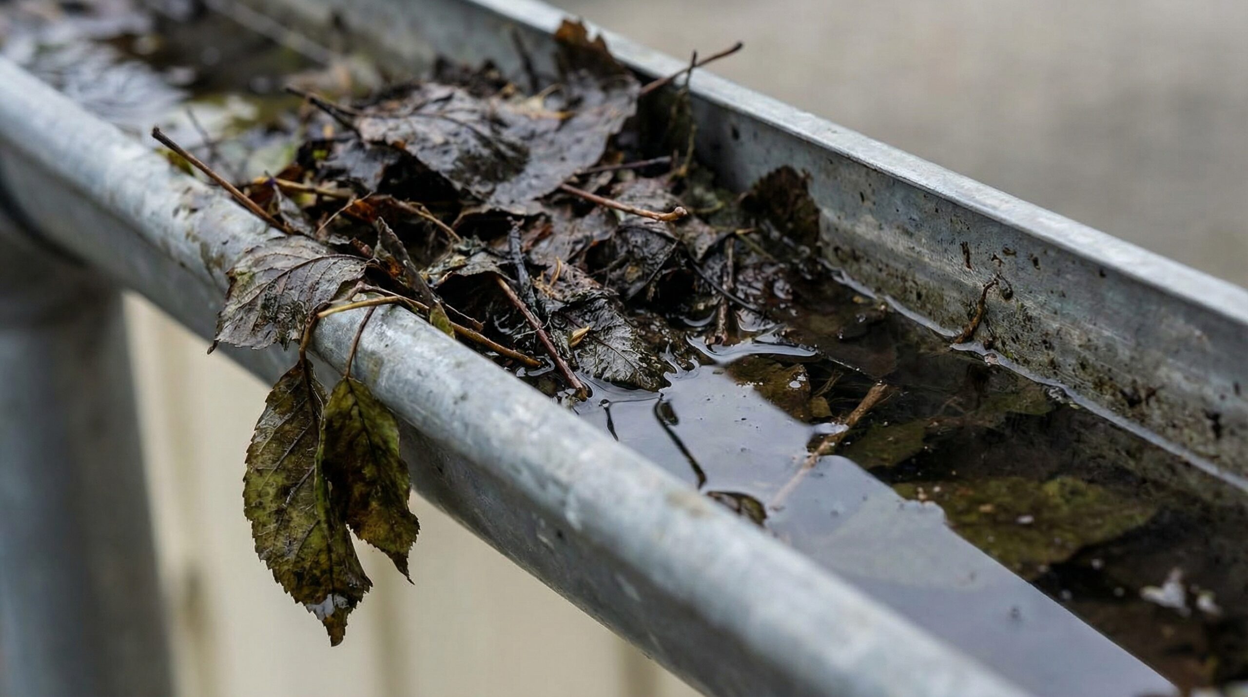 Close-up of clogged gutter with debris and standing water