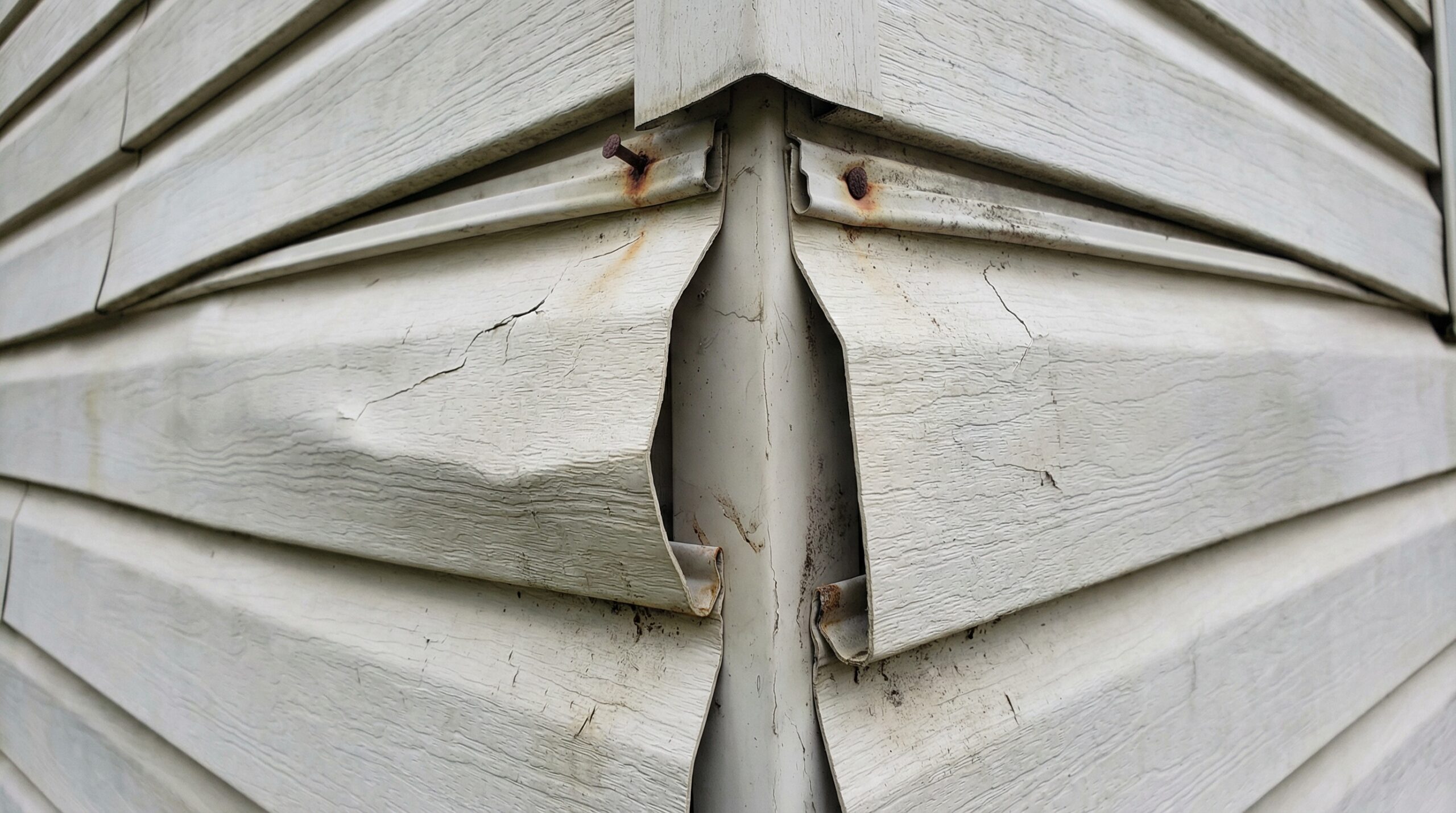 Close-up of buckling vinyl siding showing improper installation