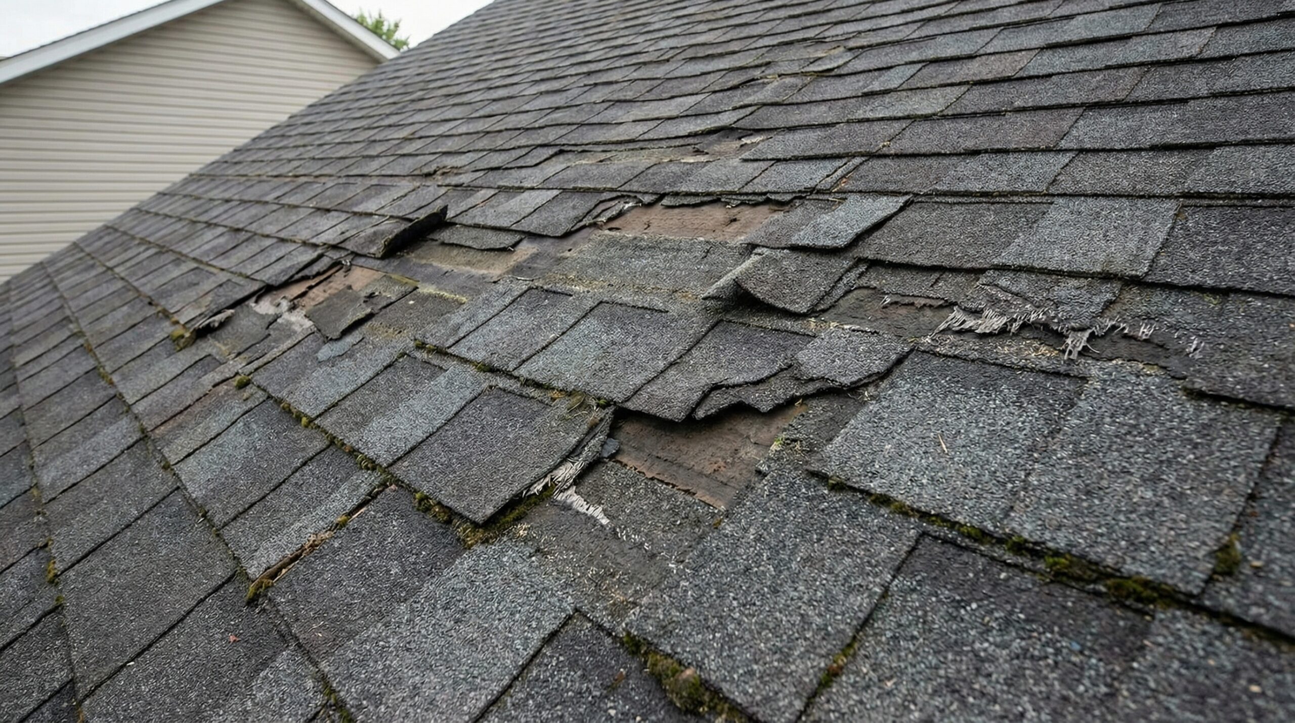 Close-up of missing shingles on Rocky River roof