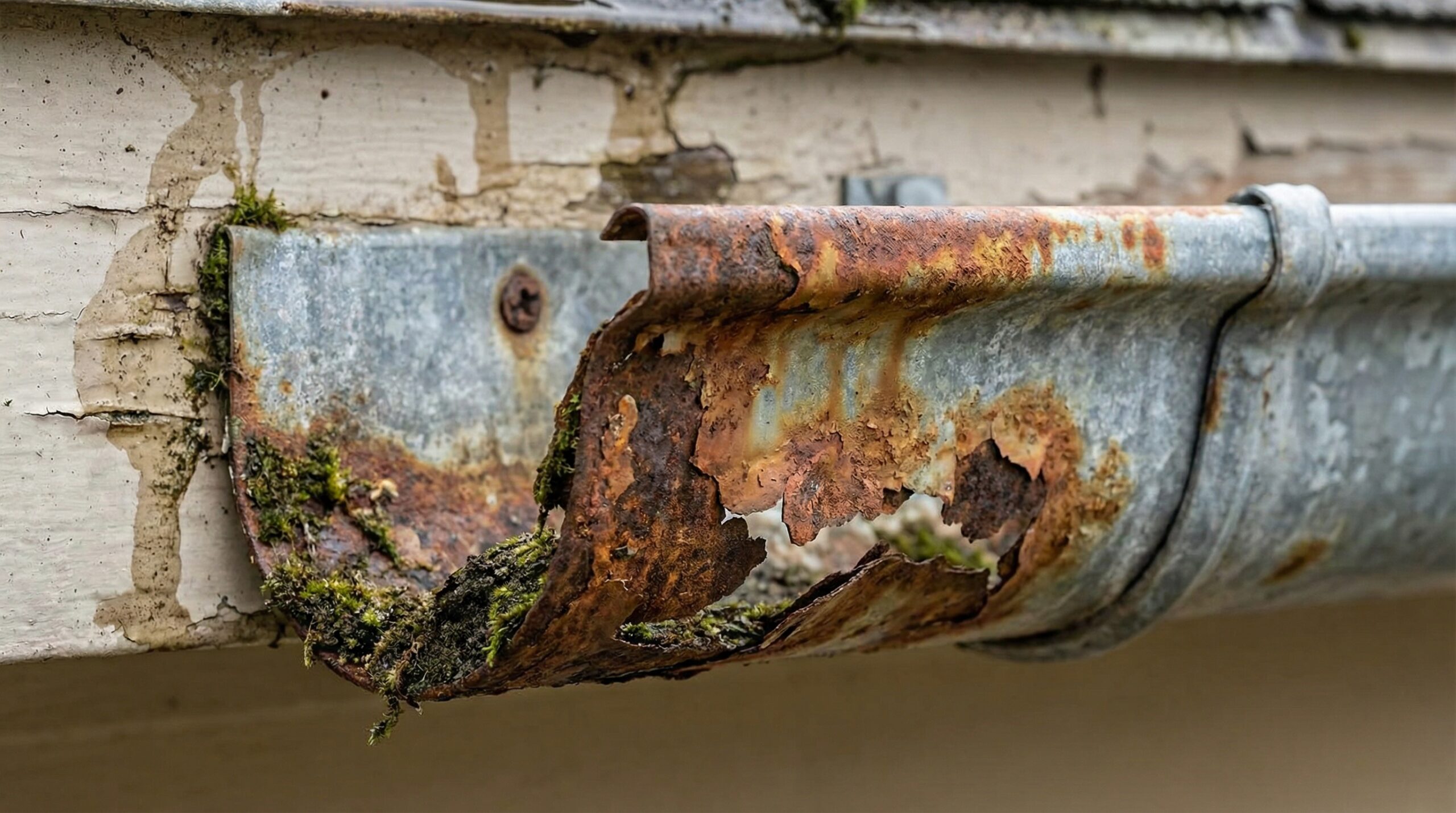 Close-up of damaged gutter showing rust and holes