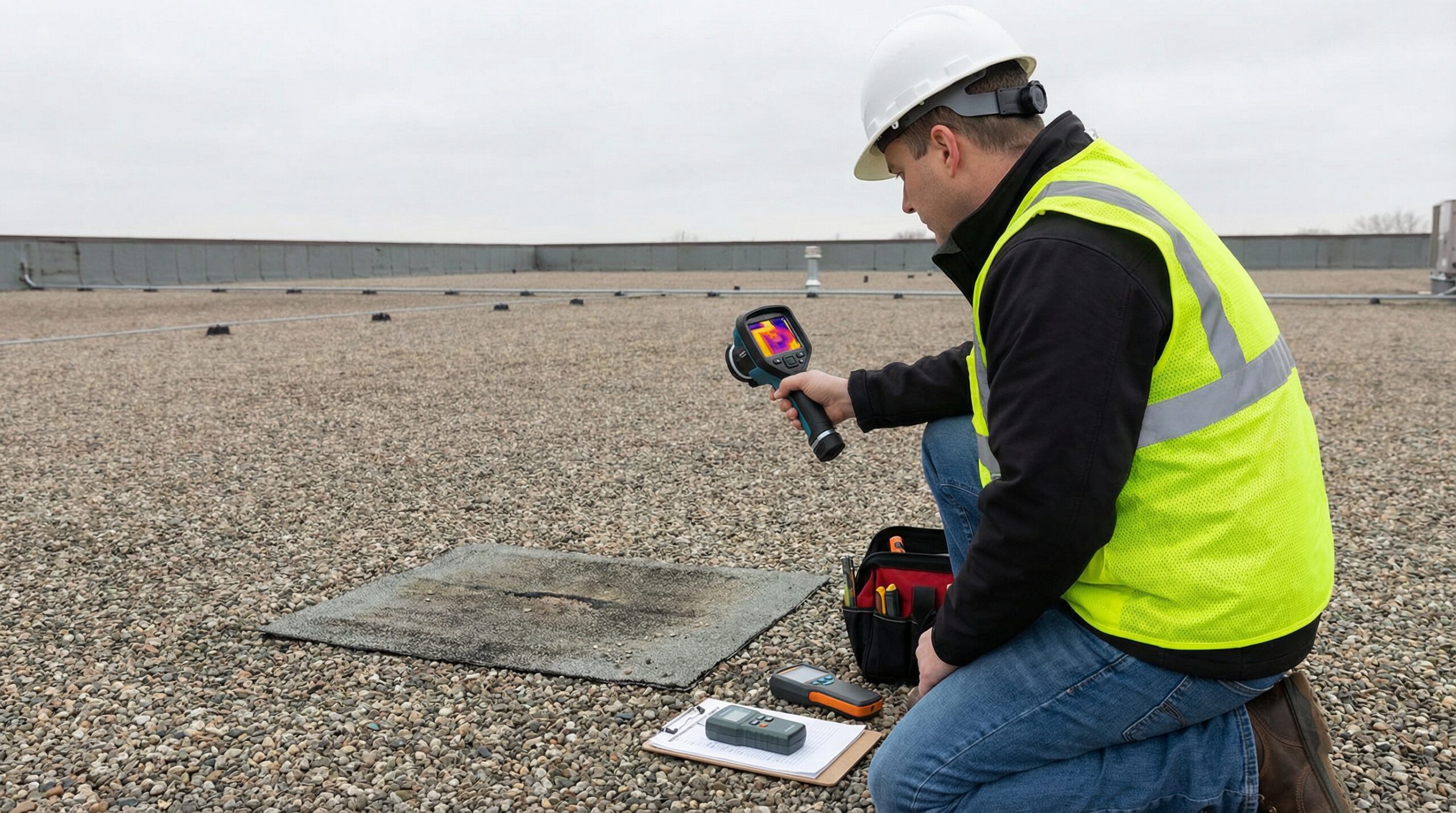 Commercial roof inspection with moisture detection equipment