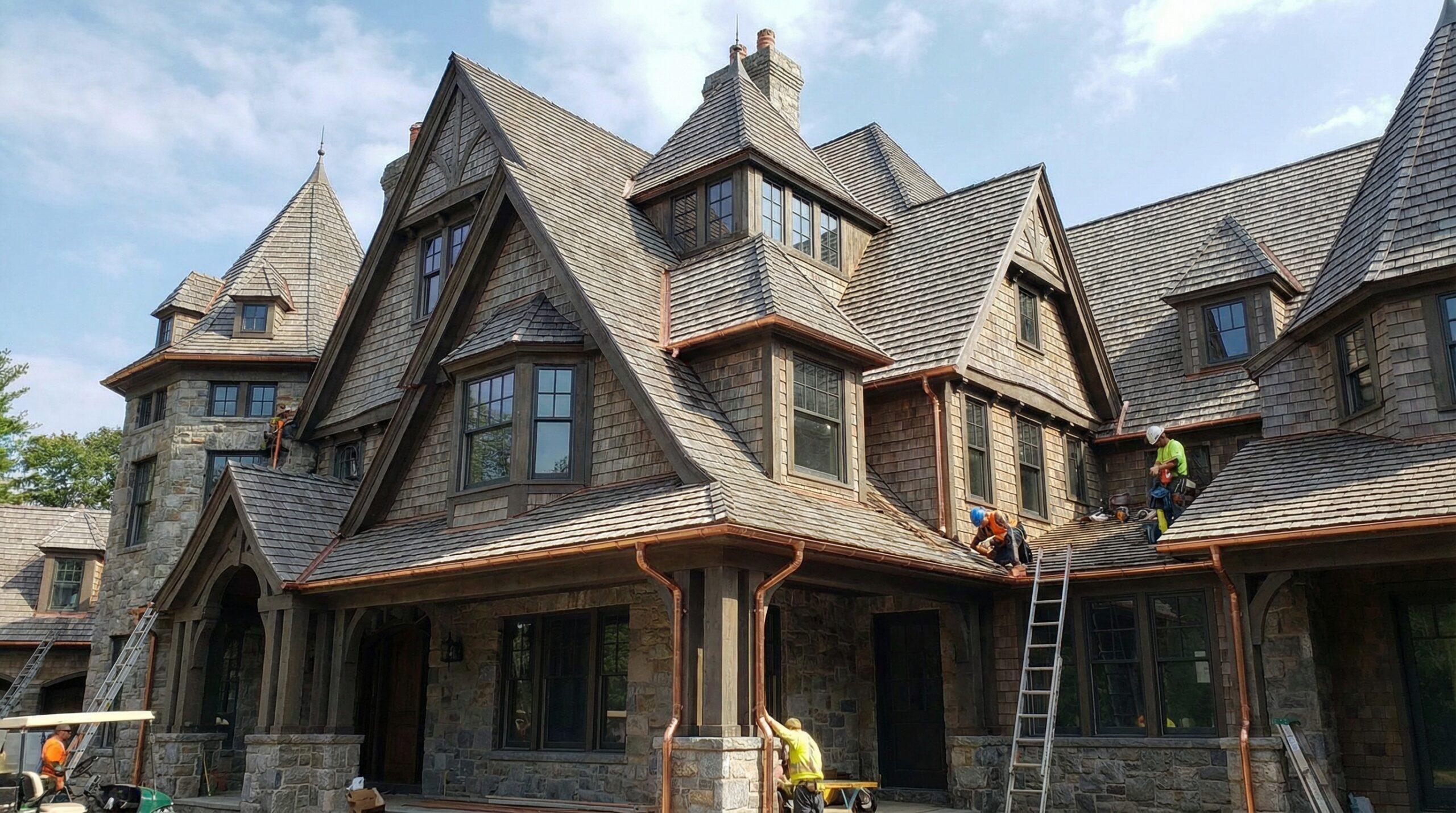 Complex roofline gutter installation