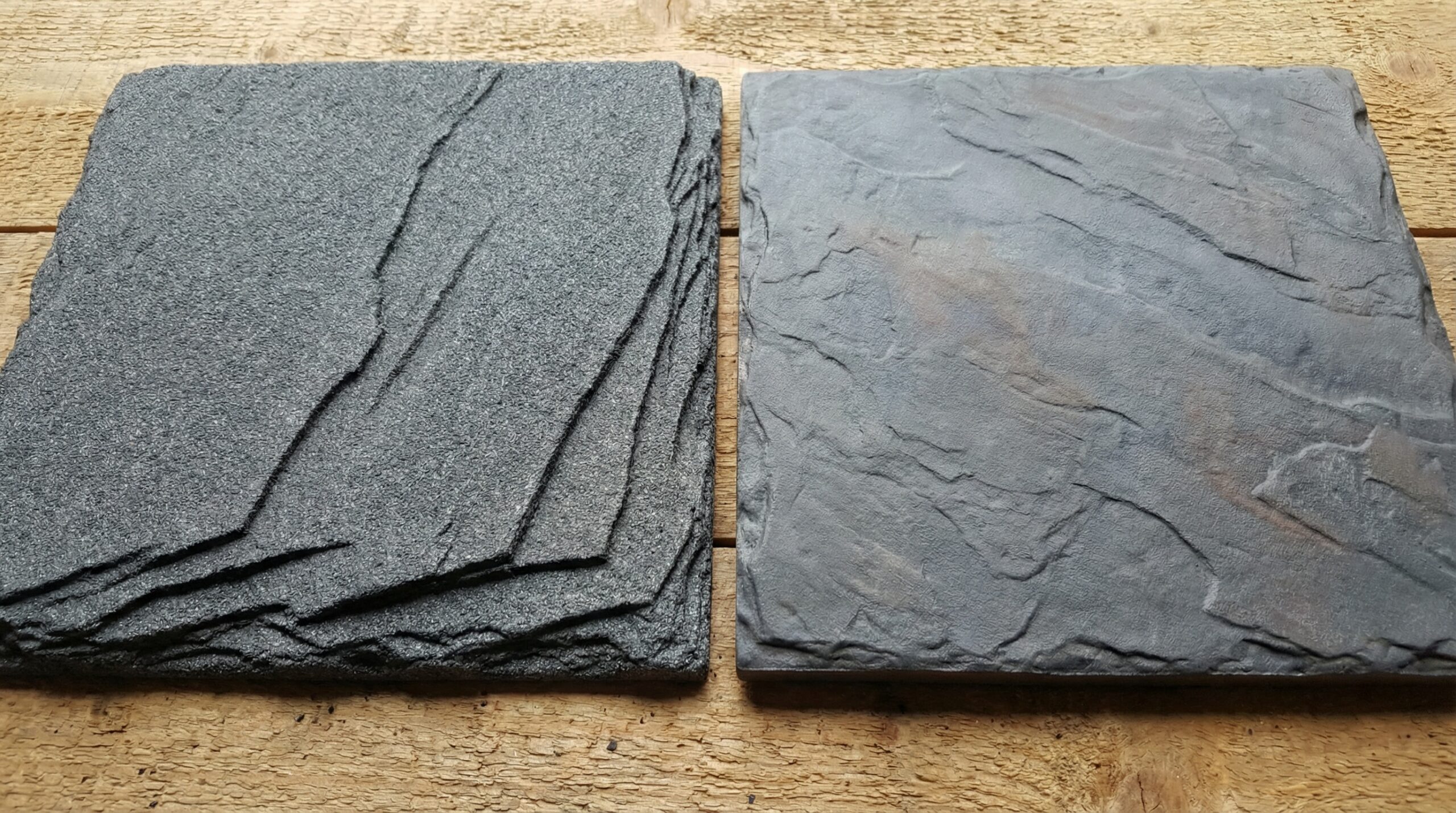 Close-up comparison of composite shingle texture showing slate-like appearance
