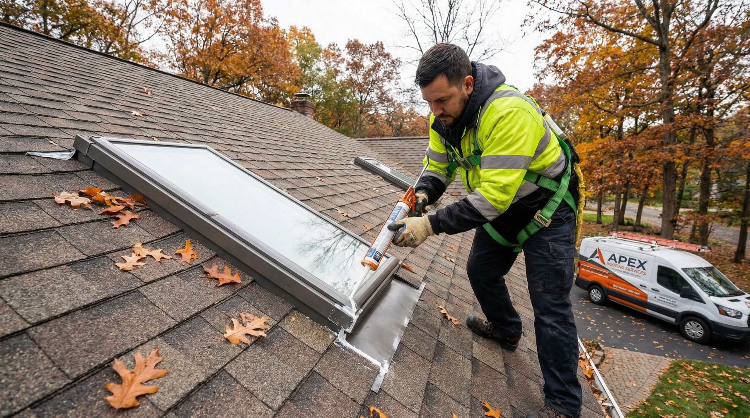Professional contractor applying weatherproof sealant around skylight frame during fall maintenance