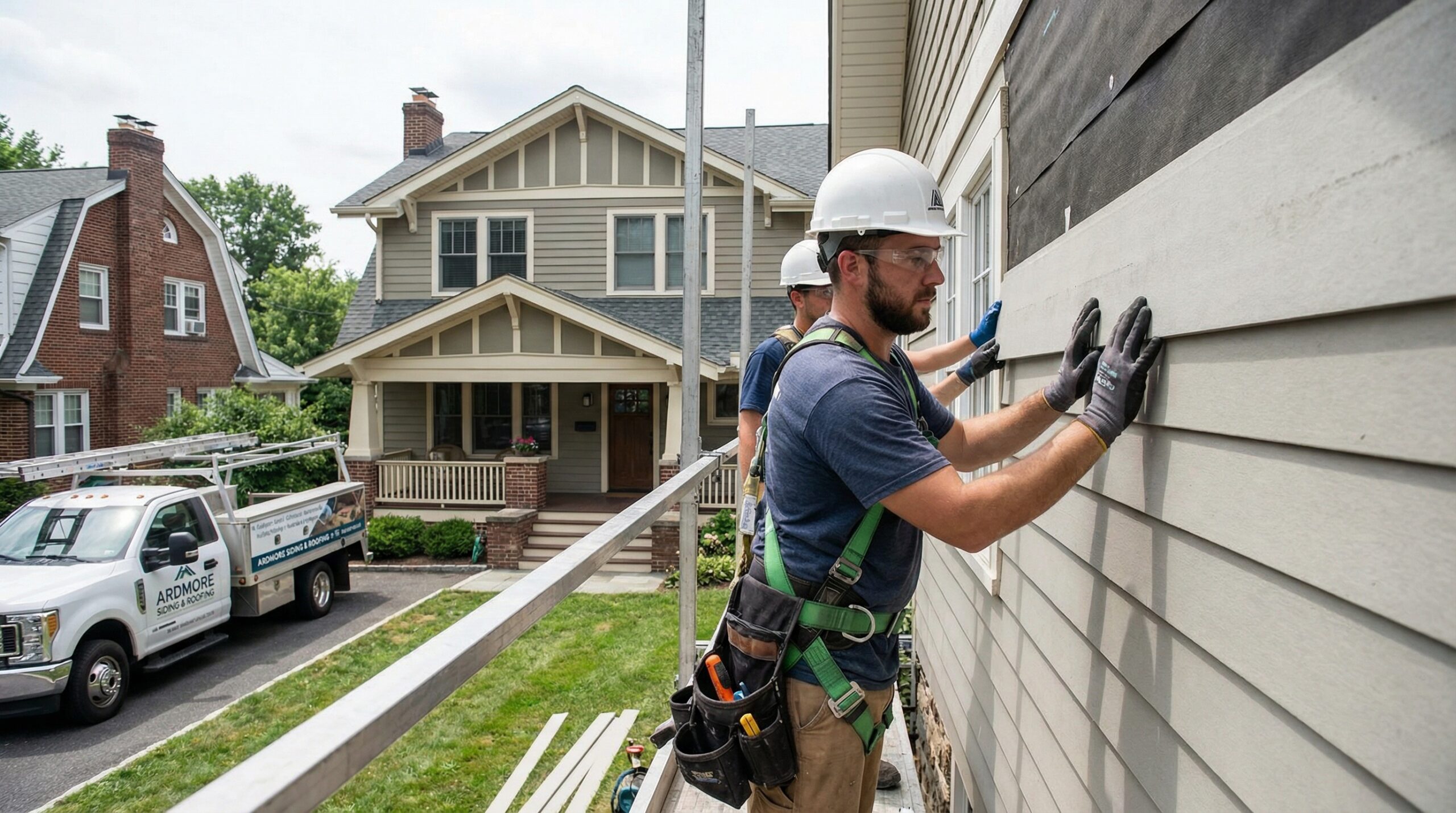 Professional contractor installing Hardie Board siding on Ardmore home with proper safety equipment