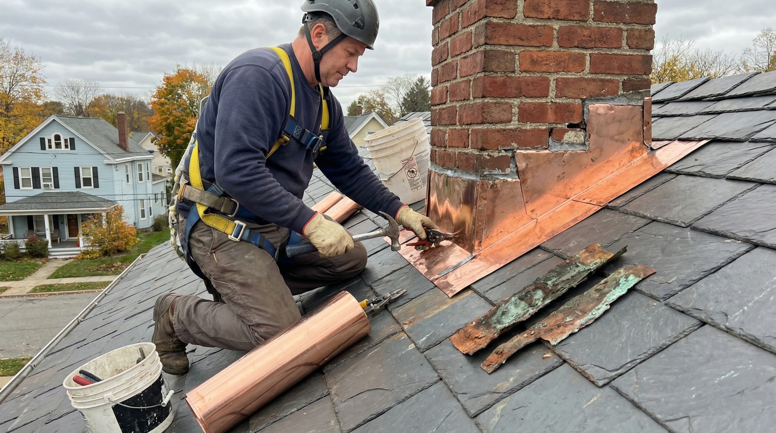 roofing contractor working on flashing repair around chimney