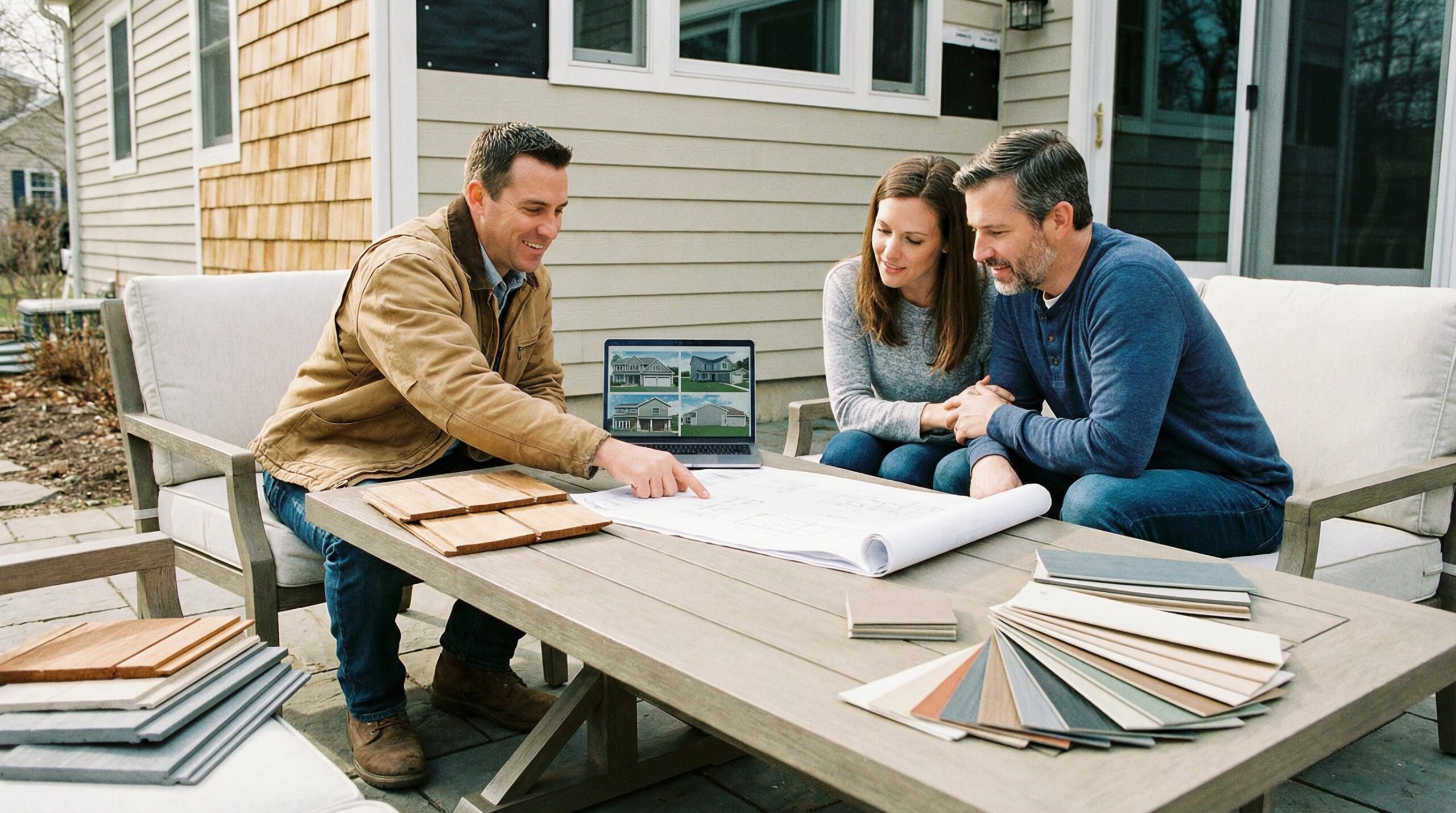 Peak and Valley Roofing team meeting with homeowners to review siding plans in Rocky River