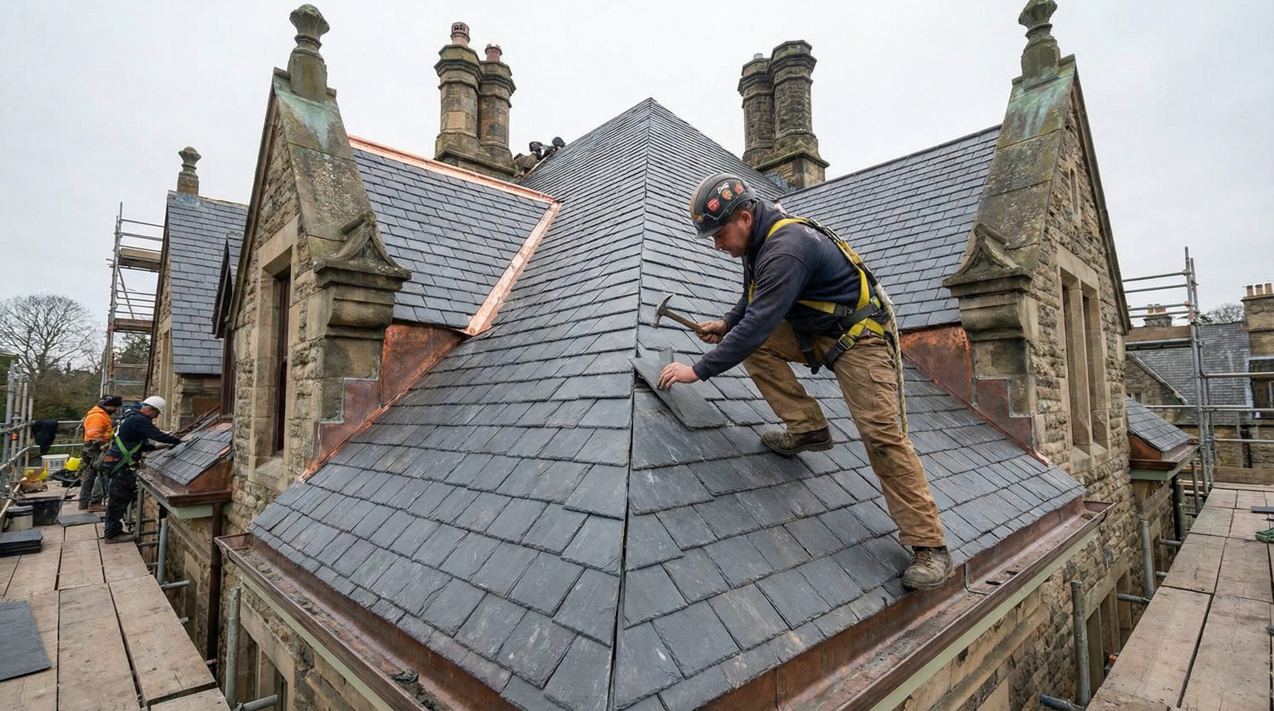 Contractor installing slate shingles on historic home