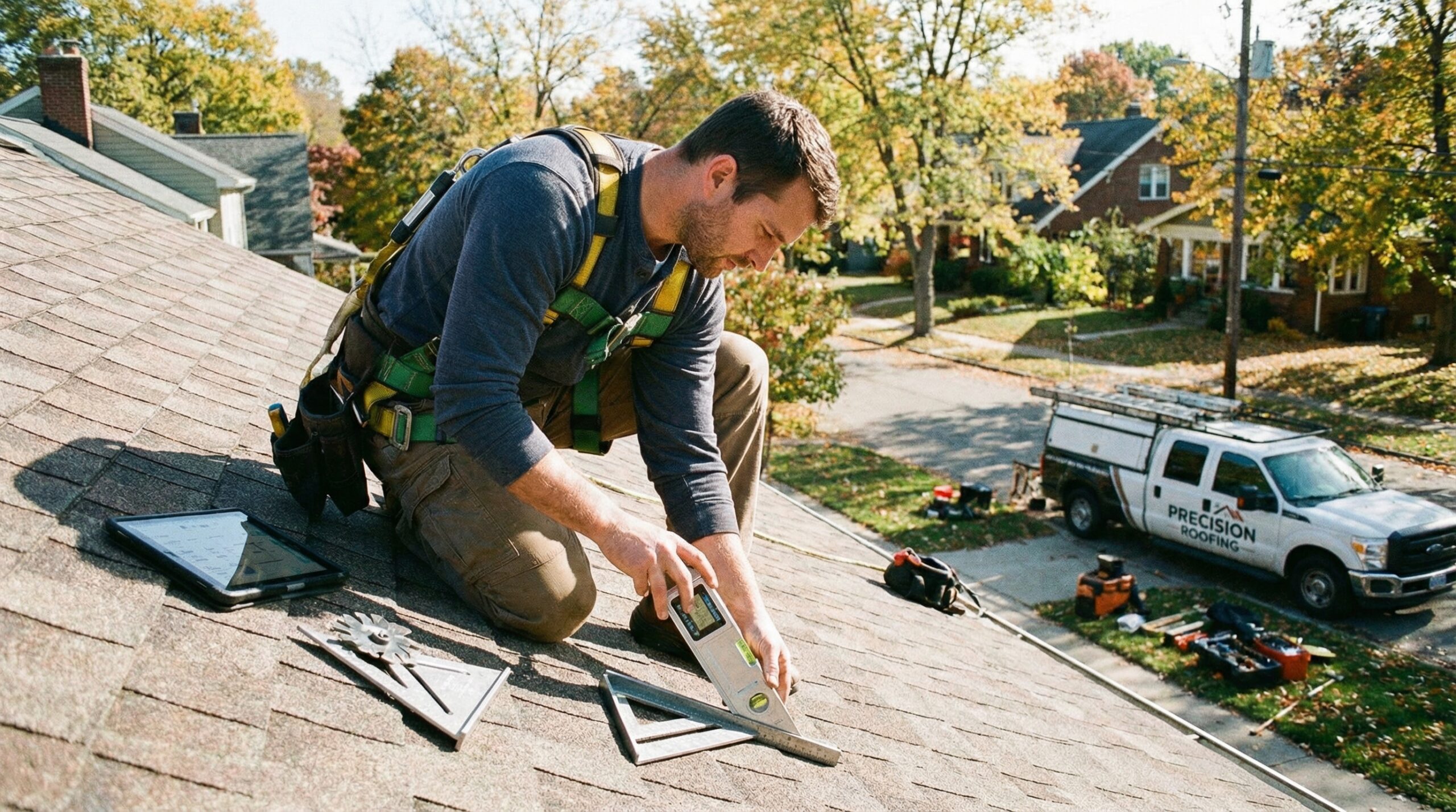 Contractor measuring roof pitch with specialized tools on residential home