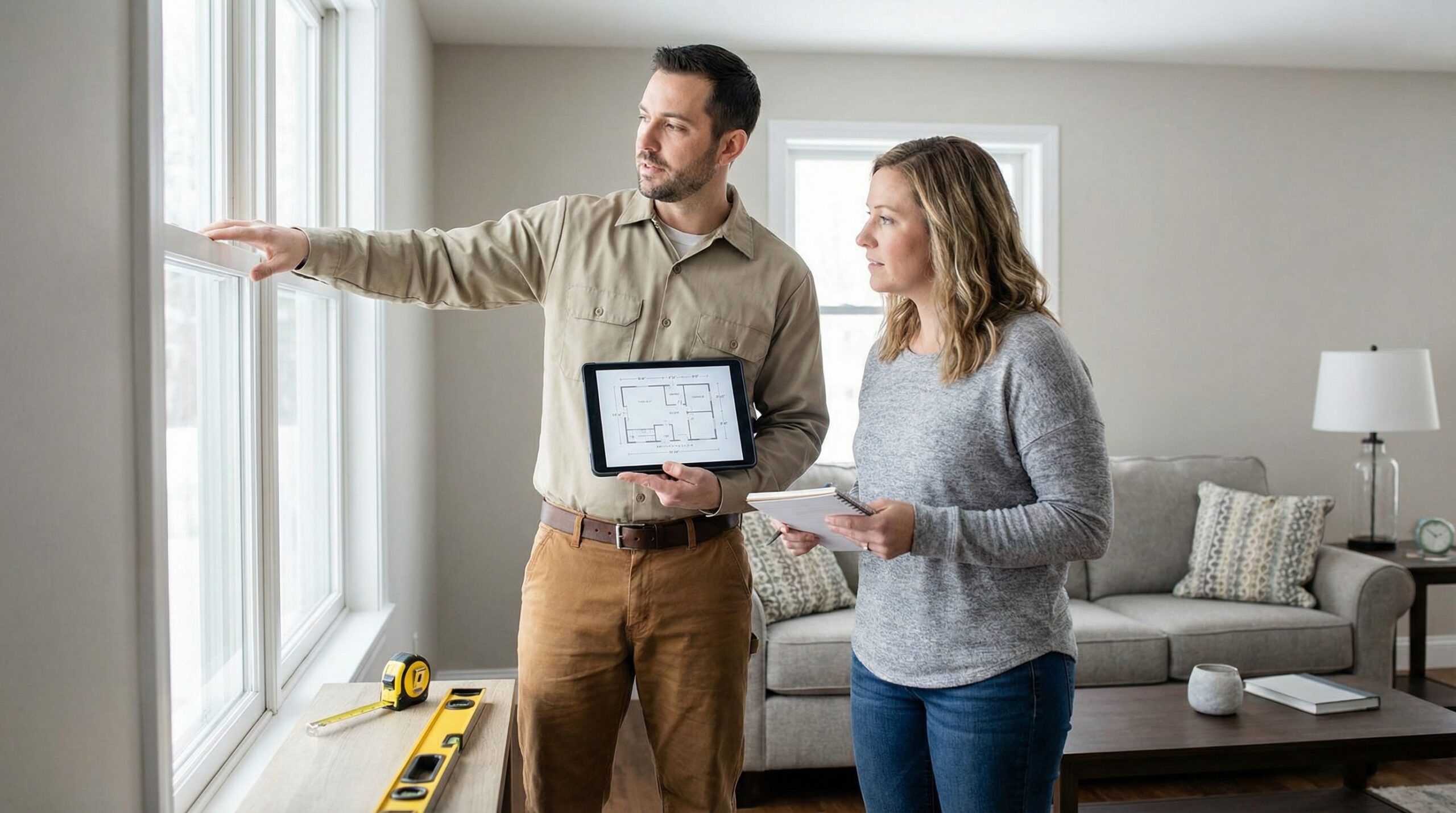 professional contractor reviewing window measurements with homeowner