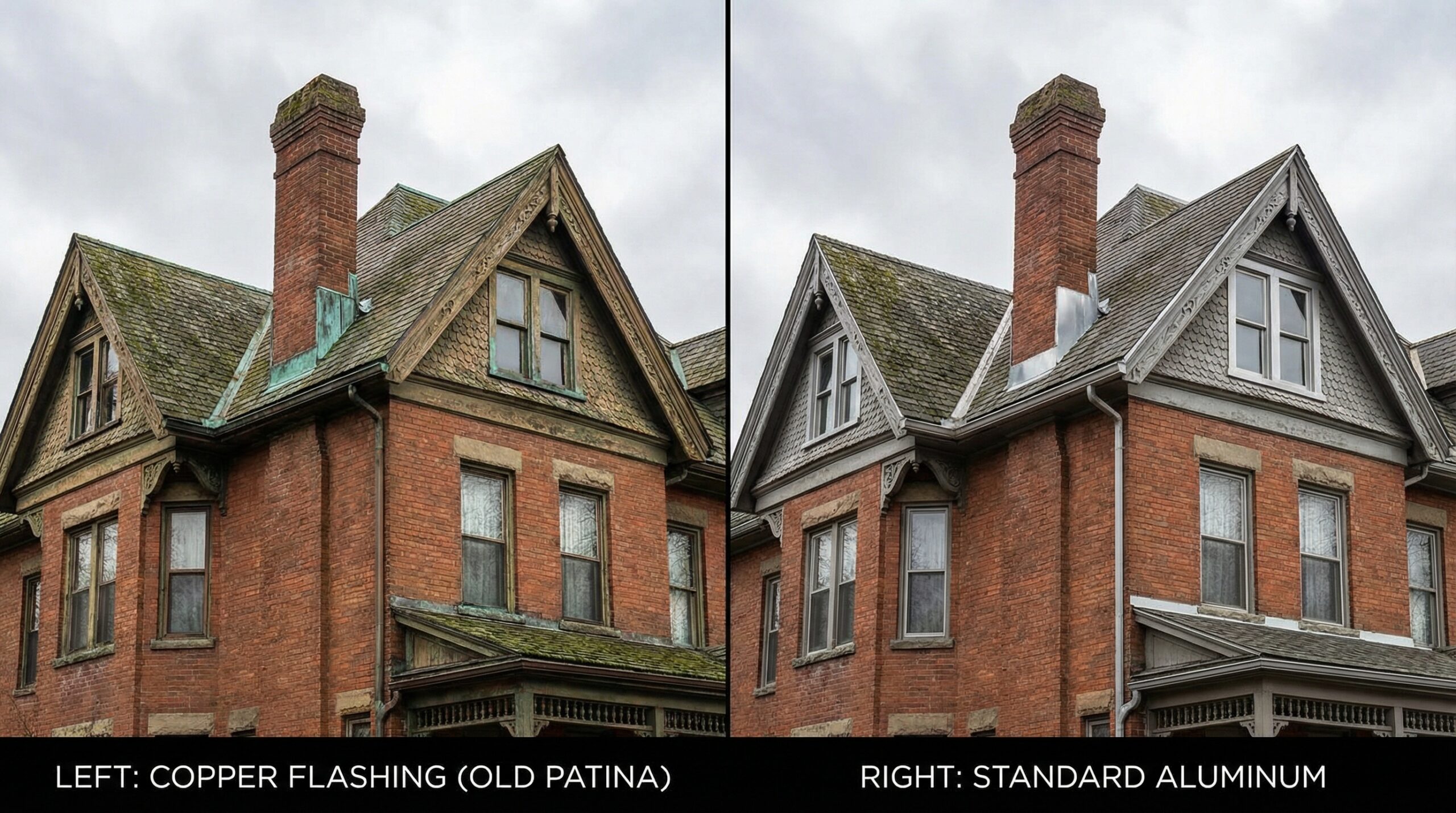 Side-by-side comparison of copper flashing installation versus standard aluminum on similar historic homes