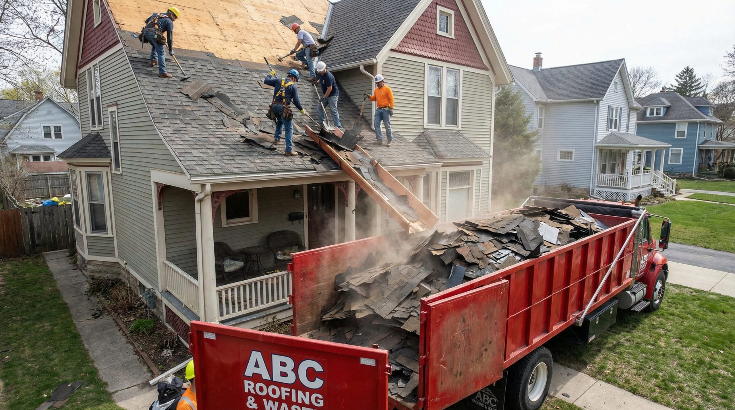Construction crew removing old shingles and loading debris into waste removal truck