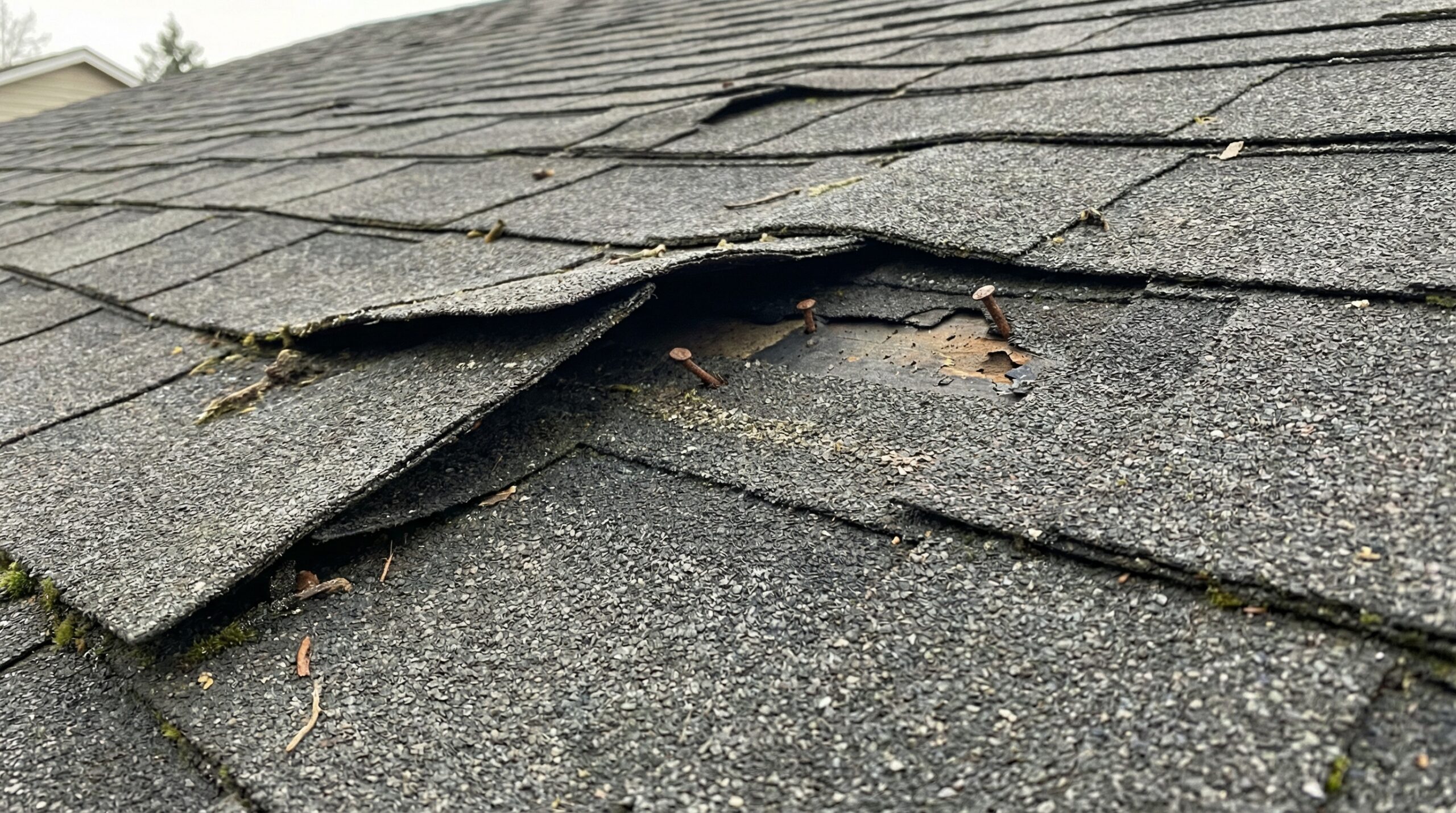 Curled and lifted asphalt shingles from wind damage