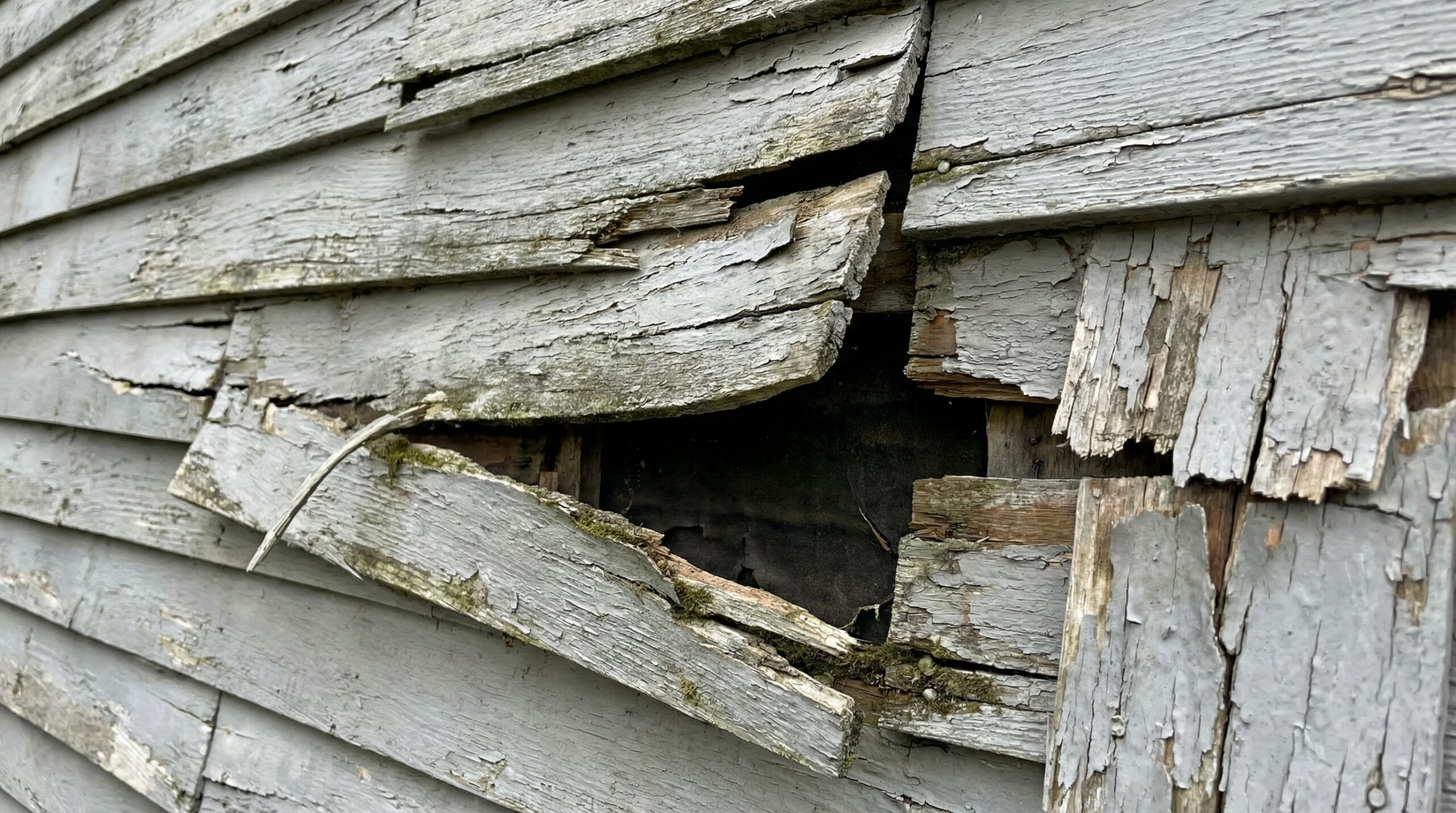 Damaged old siding showing gaps and warping on Connecticut home