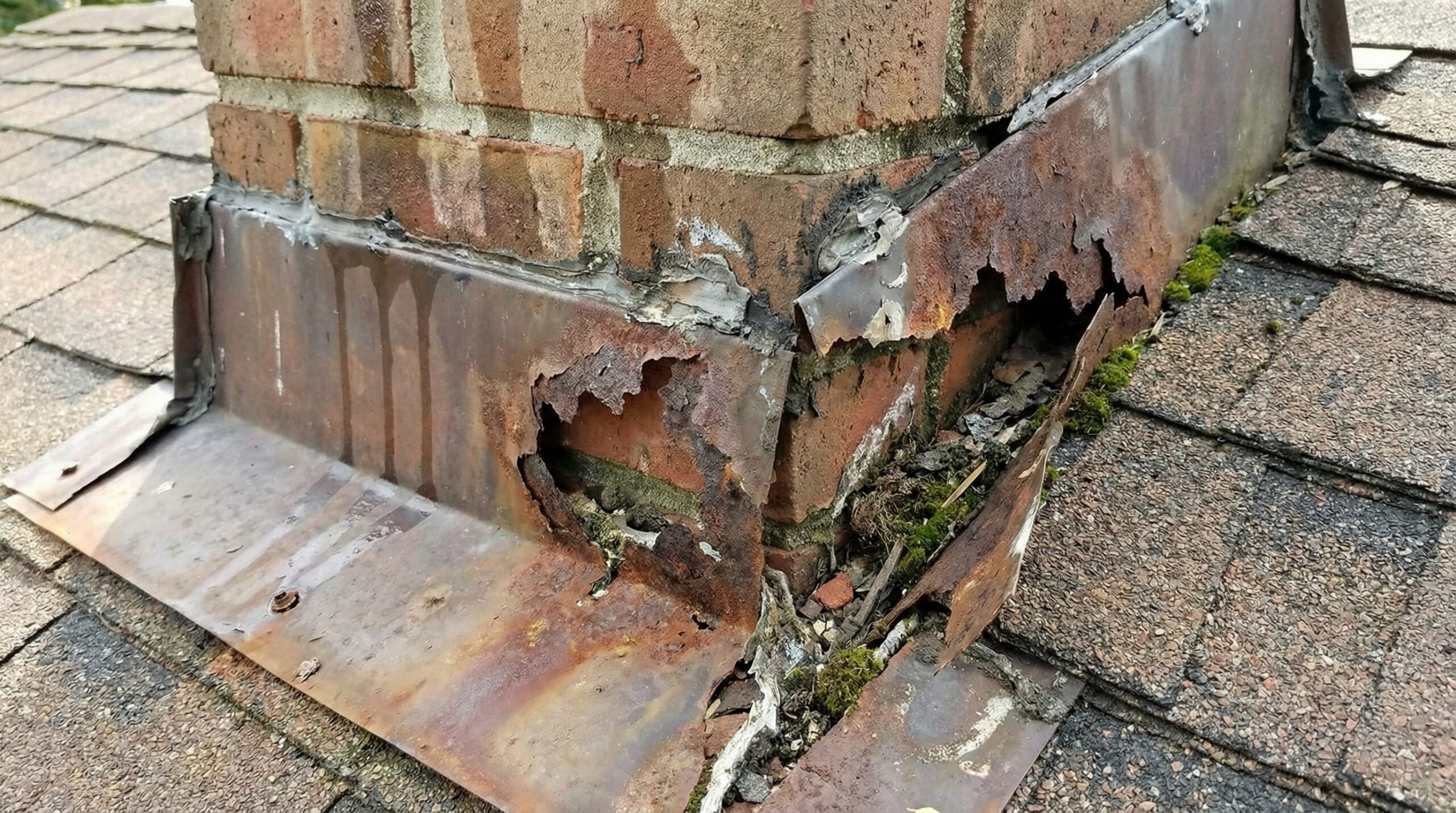Close-up view of damaged roof flashing around chimney showing rust and gaps that need repair