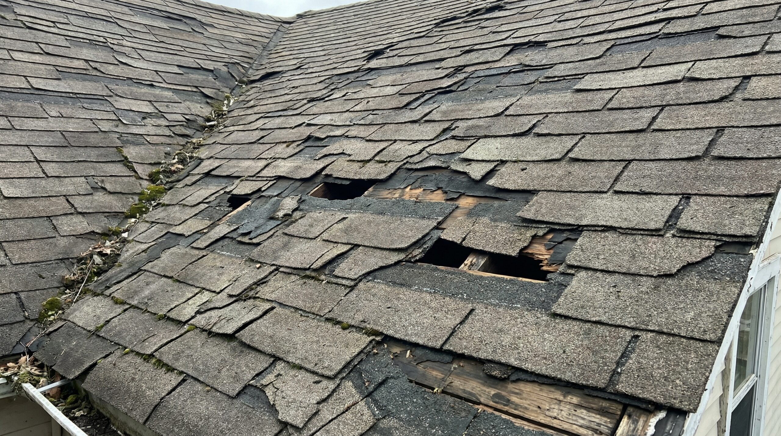 damaged roof shingles with visible gaps and missing pieces