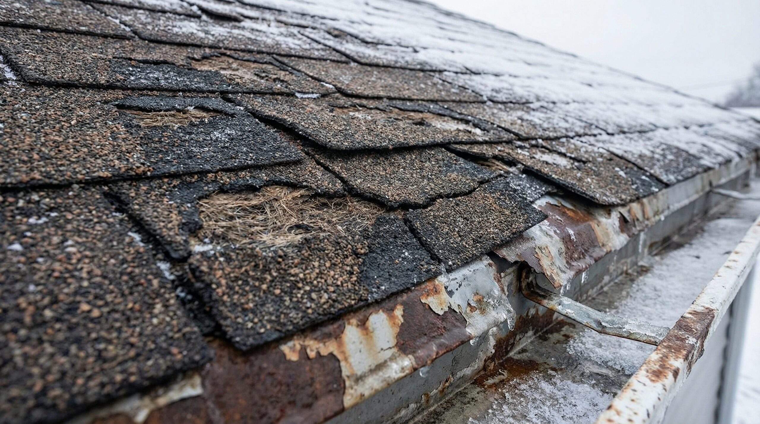 Close-up view of damaged roof shingles and flashing after winter weather
