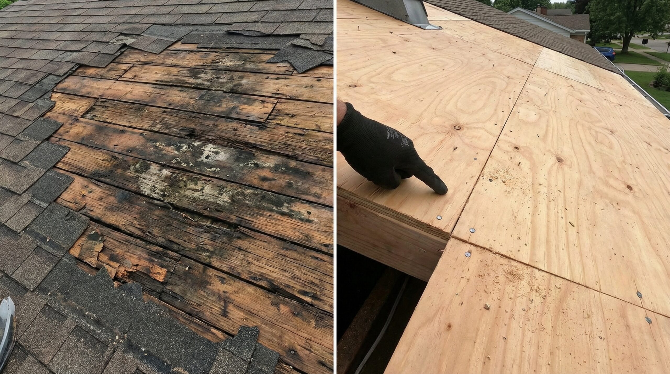 Comparison of damaged water-stained roof decking versus new clean plywood decking