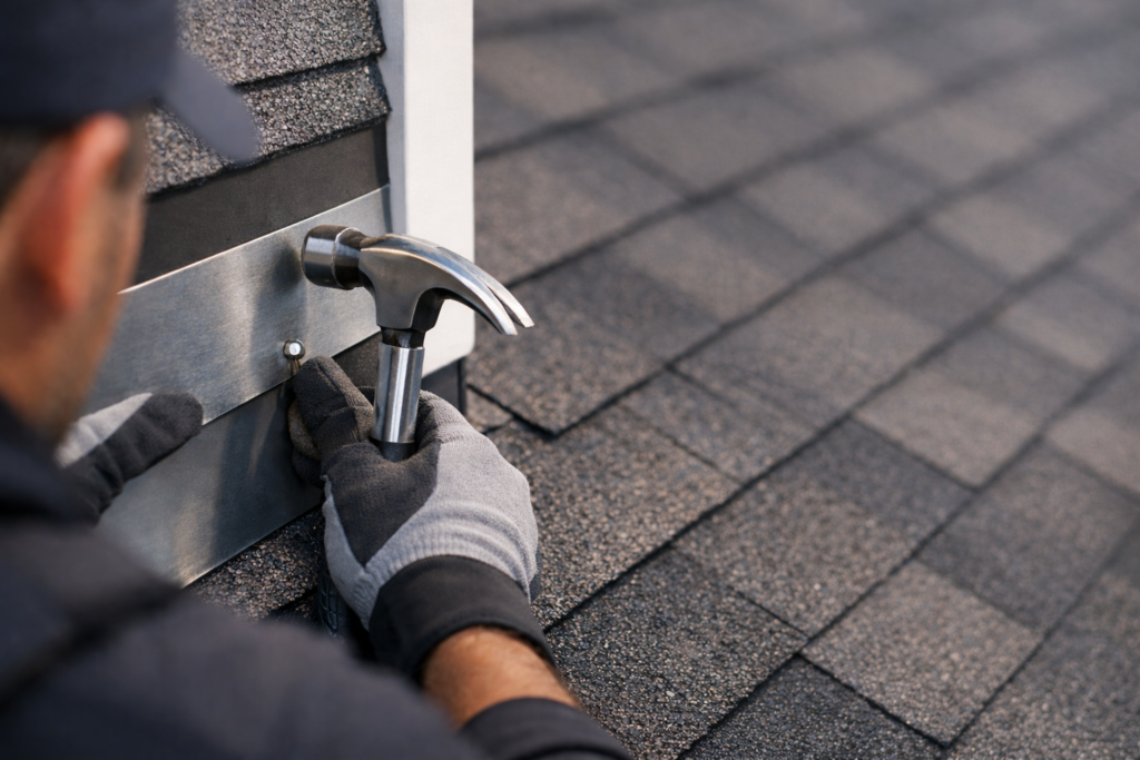 Visualization of professional fixing a roof feature