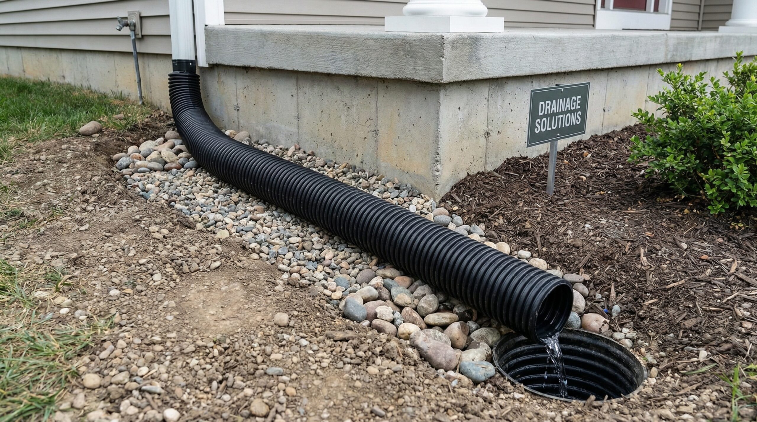 Before and after comparison showing proper downspout extension preventing foundation pooling