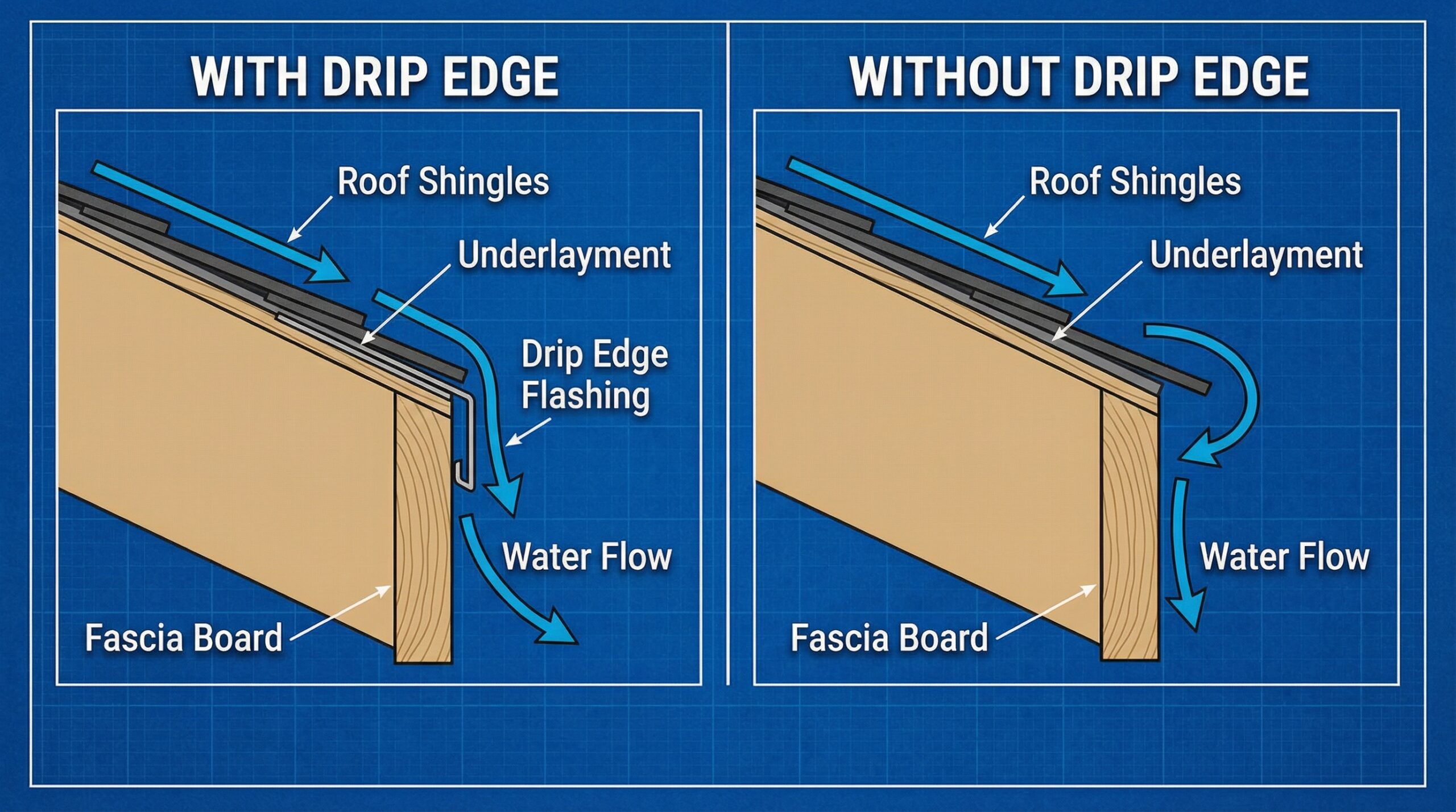 Close-up diagram showing water flow over drip edge versus without drip edge
