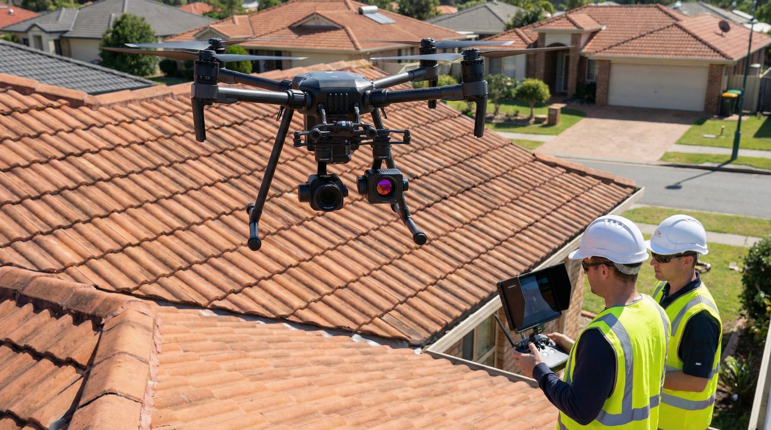 Peak and Valley Roofing using drone technology to inspect a Bay Village lakefront home