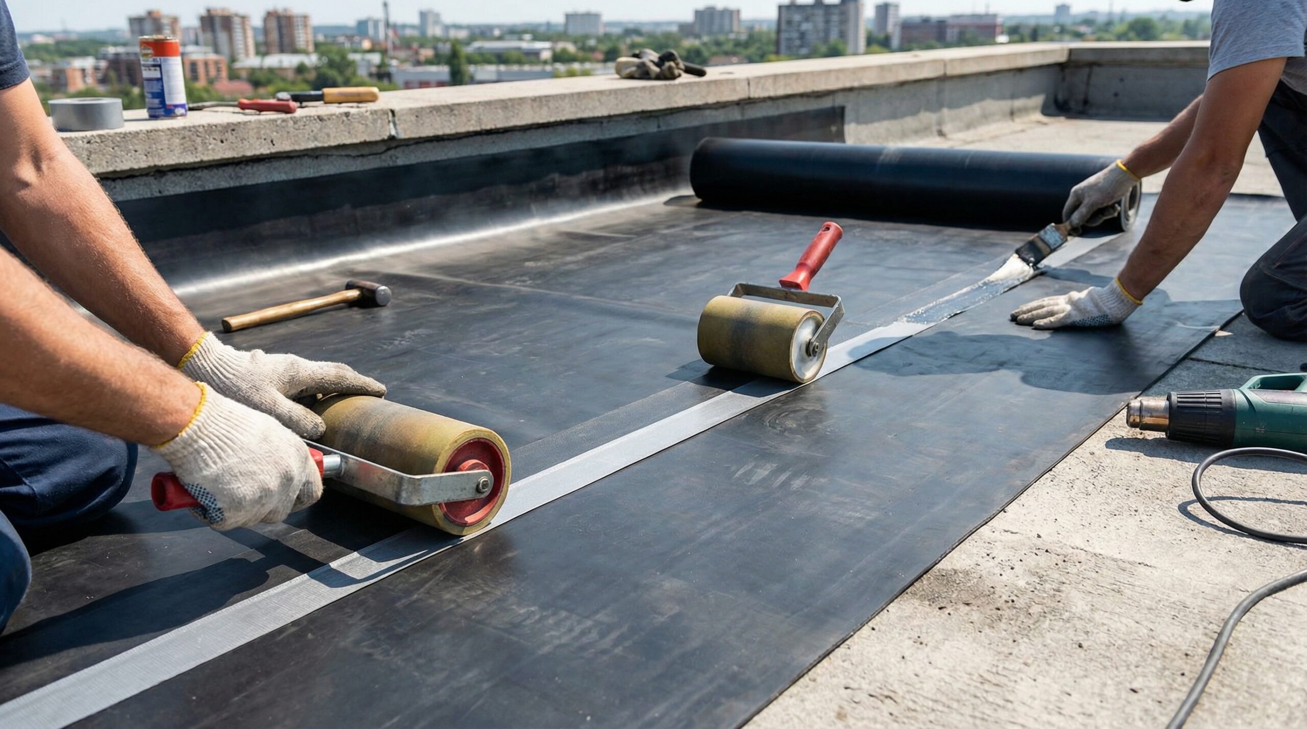 Close-up of EPDM roofing membrane installation on commercial building
