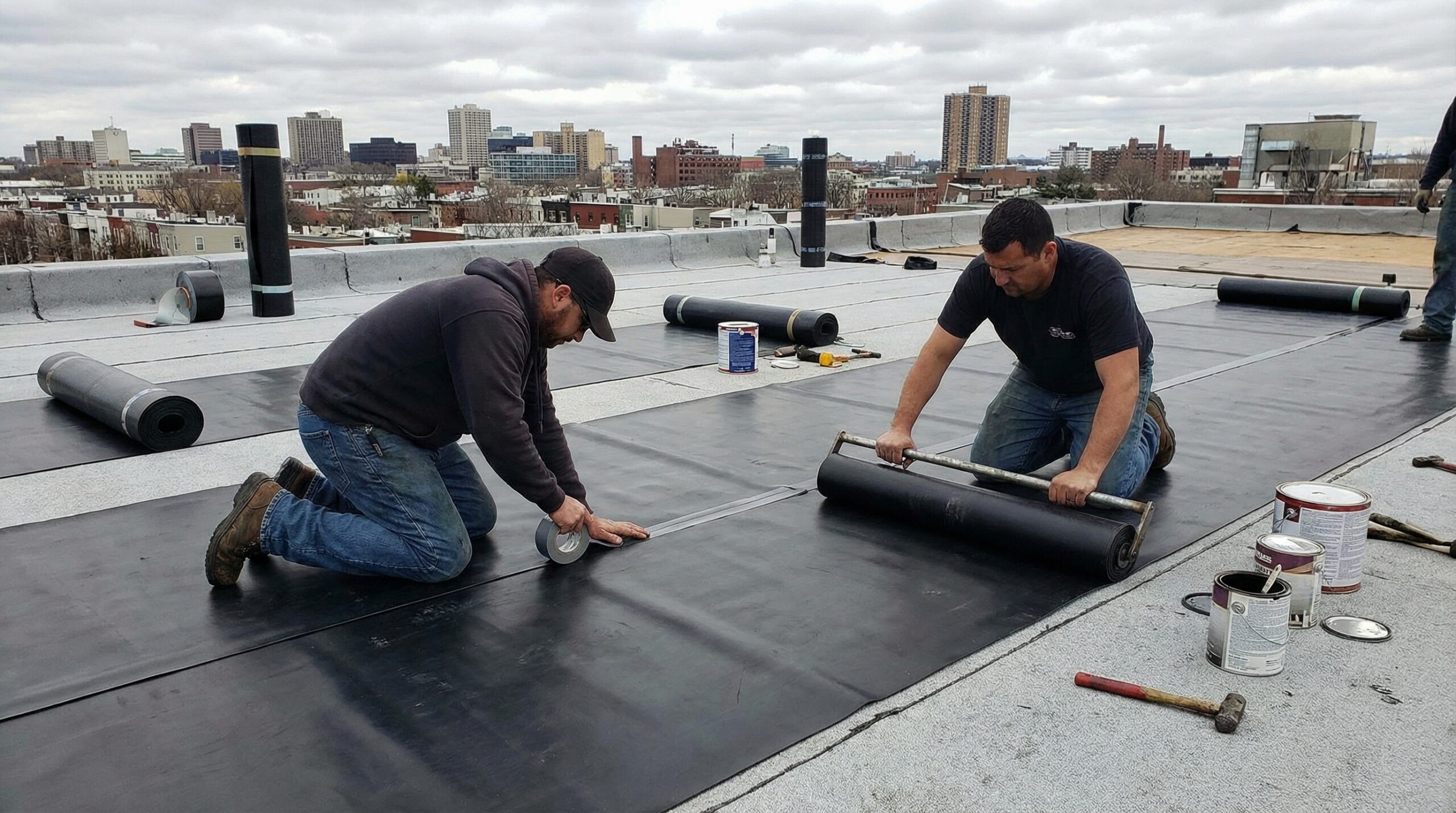 EPDM rubber roofing installation showing membrane seaming process