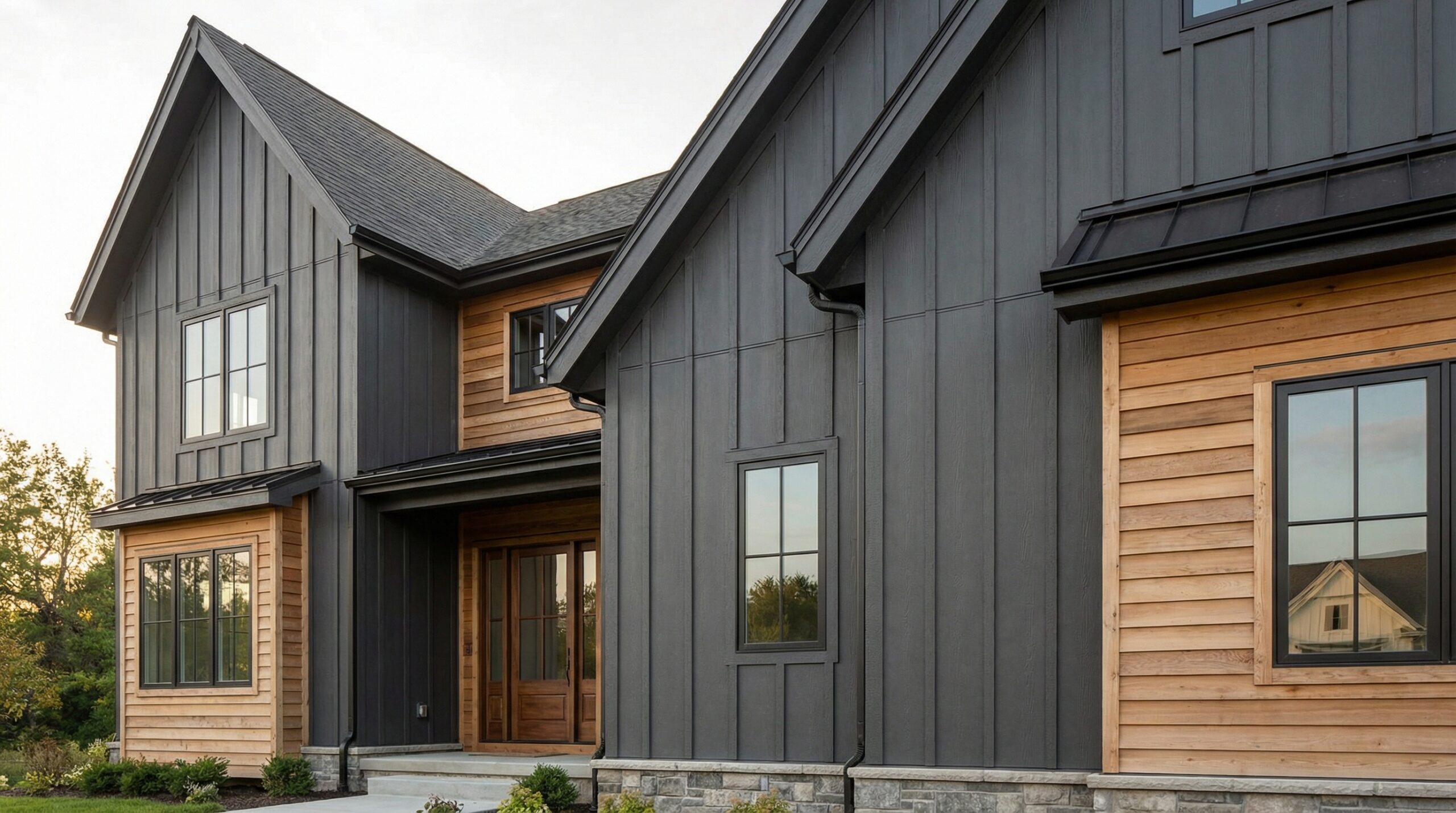 Fiber cement board and batten siding on modern farmhouse