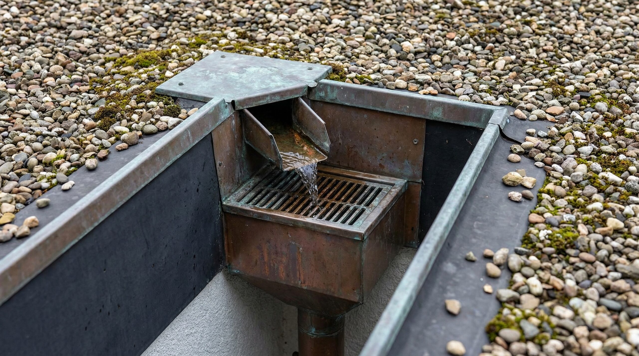 Close-up of flat roof drainage system on Northeast Ohio home